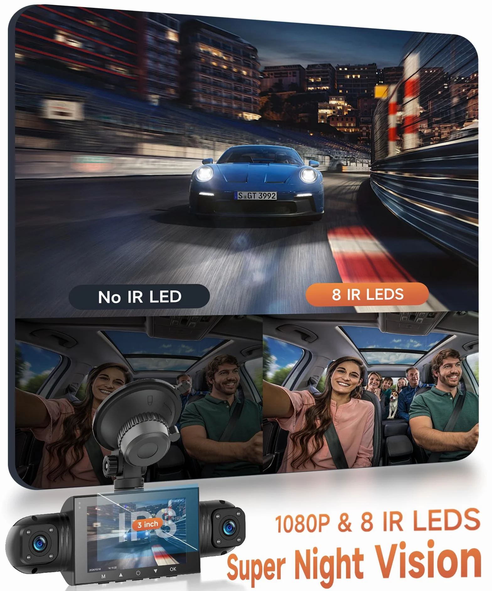 4 Canali Dashcam Auto 360°, 4 Telecamera HD 1080P Anteriore e Posteriore Sinistra Destra, 3 Pollici 1080P Dash Cam con 8 IR Visione Notturna/Loop video/24H Parcheggio Monitor/G-Sensore