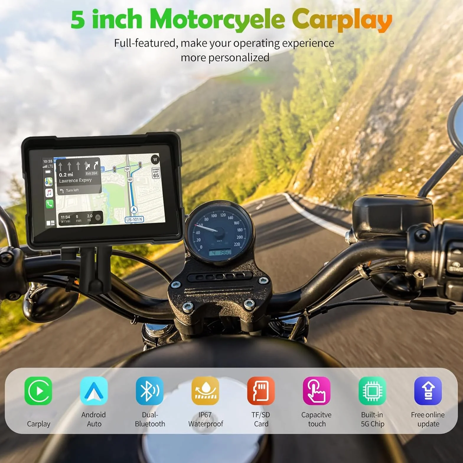 Euakee 5 Pollici Impermeabile Touch Screen Moto Car-play & Android Auto Navigatione GPS Wireless 1000 Nit