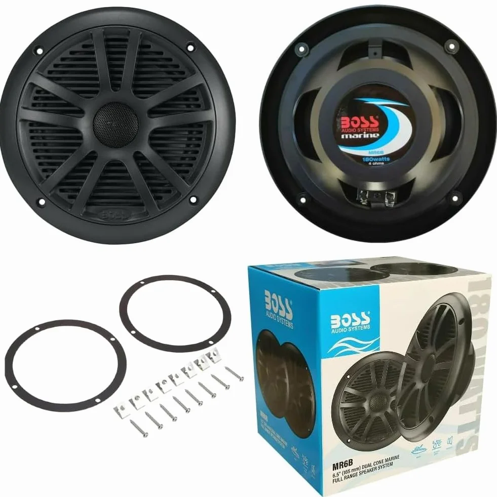 Boss Audio Systems MR6B 6,5" 165 mm 90W RMS 180W Max Altoparlanti Marini Doppio Cono Impermeabili Neri Coppia + Accessori