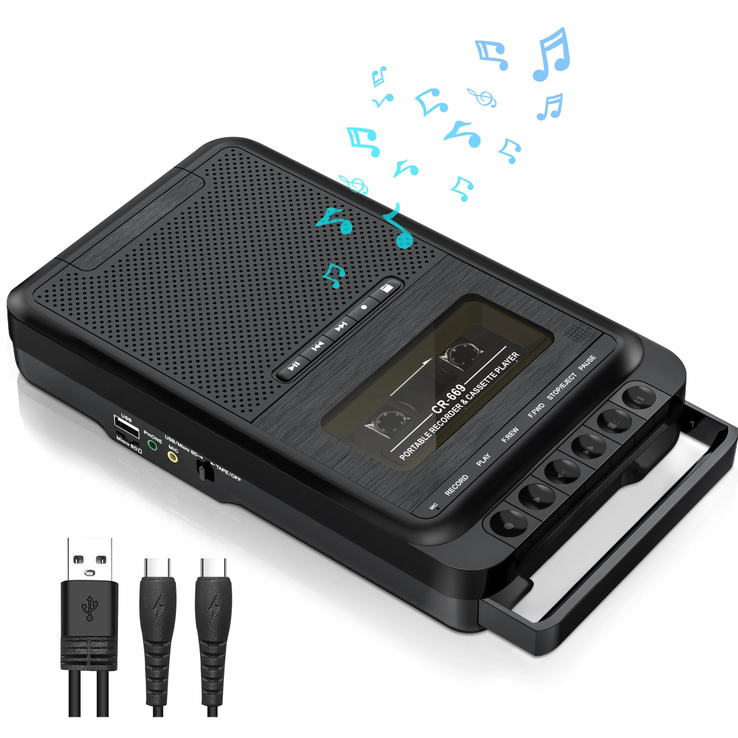 Lettore a cassette portatile con registrazione USB/SD e MP3, nero
