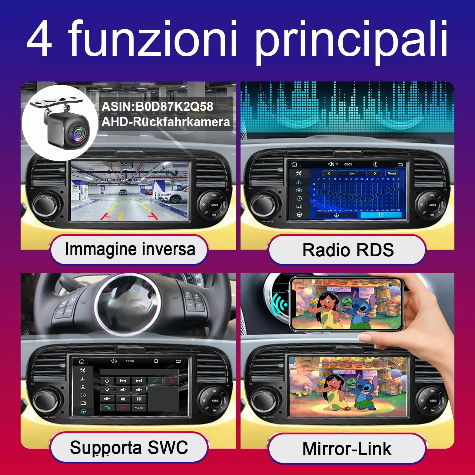 Autoradio per Fiat 500 2007-2015 compatibile con Carplay/Android Auto, Autoradio Fiat 500 da 7 pollici con touchscreen/Bluetooth/FM/AM/USB/DPS/RDS/Mirror Link-Nero