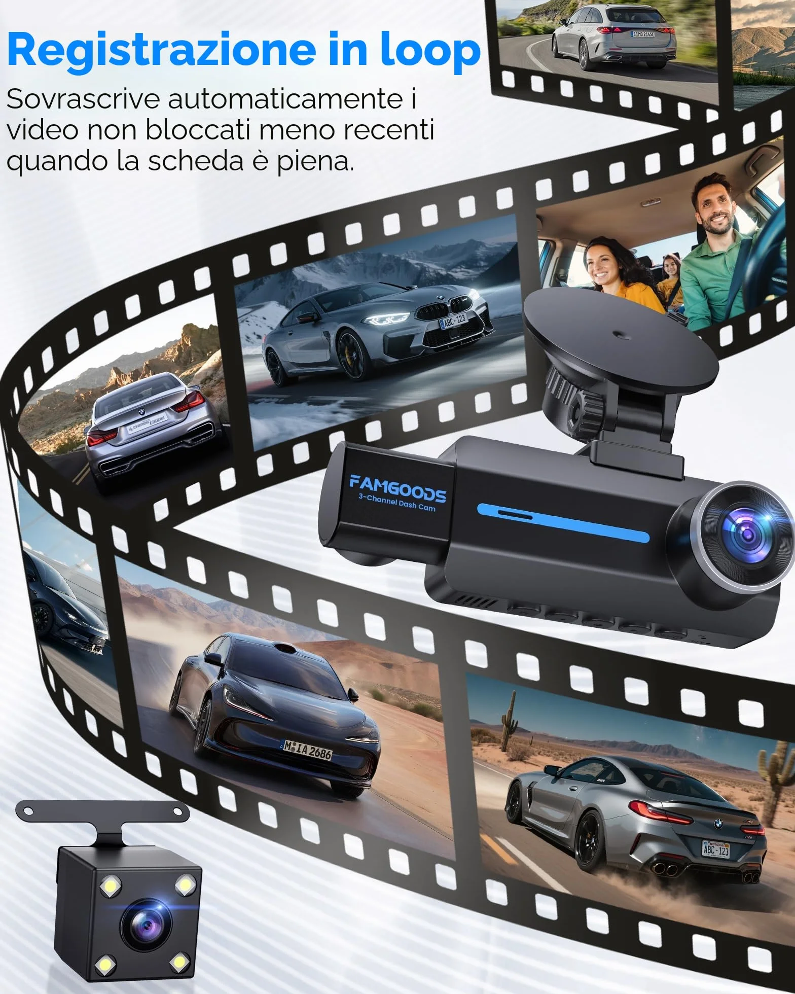 Famgoods Dash Cam 4K 360° 3.16" IPS WiFi 5GHz G-Sensor Night Vision Loop Recording
