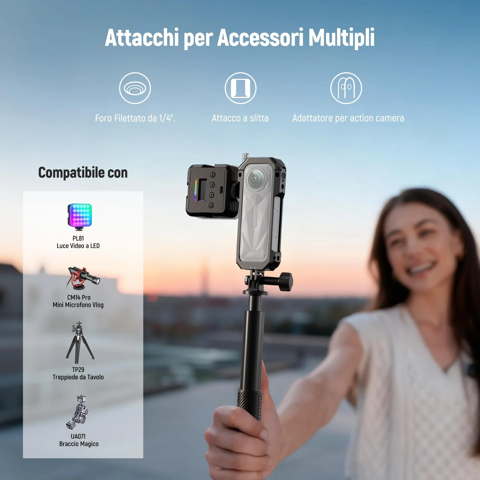 NEEWER Gabbia Fotografica per Insta360 X5, Custodia Protettiva, Telaio Lega Alluminio per Video Rig con Sgancio Rapido, Adattatore Montaggio, Filettature 1/4", Paraluce, Accessori per Action Camera