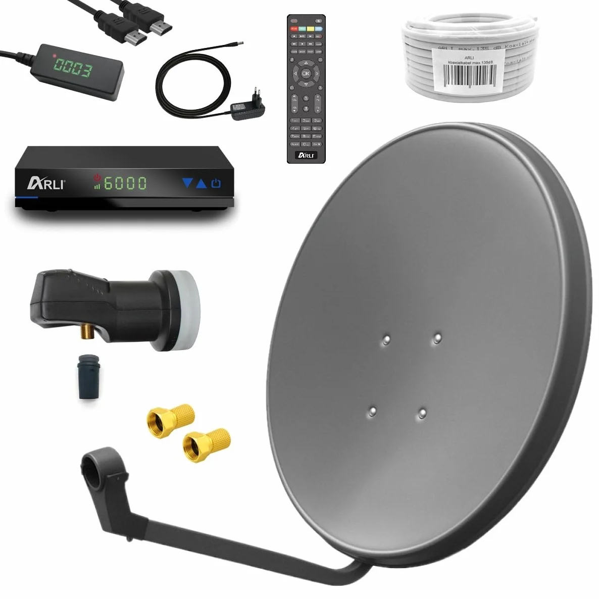 Impianto satellitare digitale da campeggio, 60 cm, specchio con ricevitore ARLI AH1 HD + Single LNB + cavo da 10 m