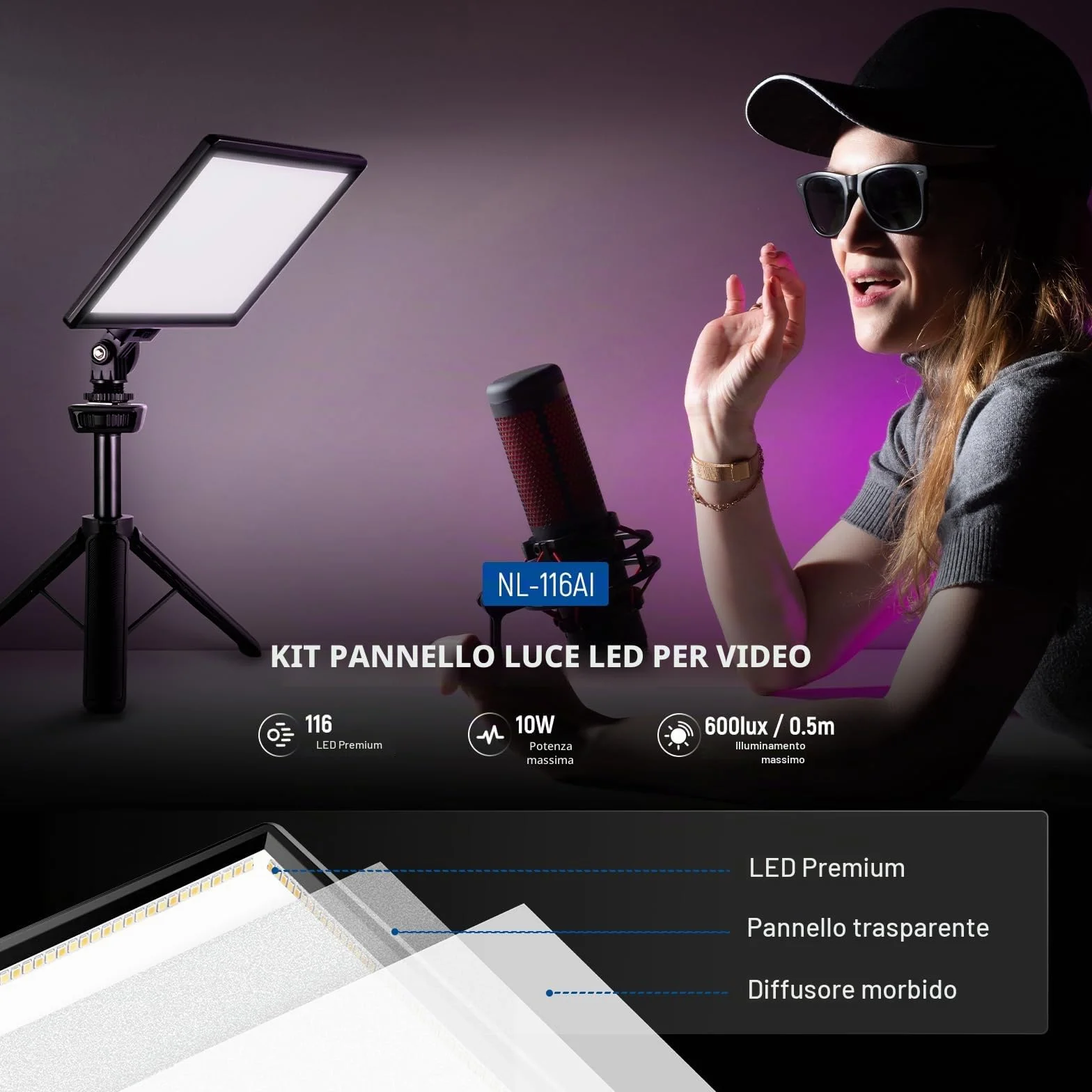 NEEWER 9" Pannello Luce LED, luci soffusa dimmerabile per fotocamera DSLR con mini treppiede, batteria 4000mAh, porte USB tipo C, 3200K~5600K CRI95+ 600Lux per fotografia, video, streaming, NL-116AI