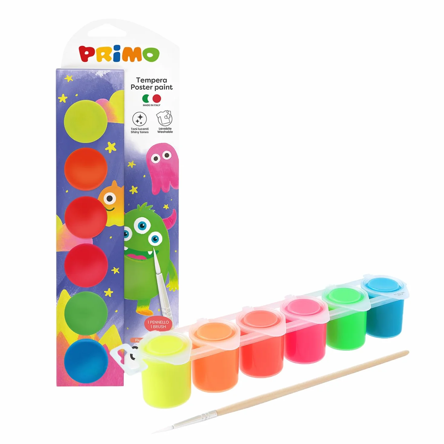 PRIMO - Tempere per Dipingere + 1 Pennello, Kit 6 Colori per Bambini 3+ Anni (25 ml) Cartoleria, Pittura, Lavoretti Creativi, Didattica - Tempera Coprente su Più Superfici, Colore Fluo Miscelabile