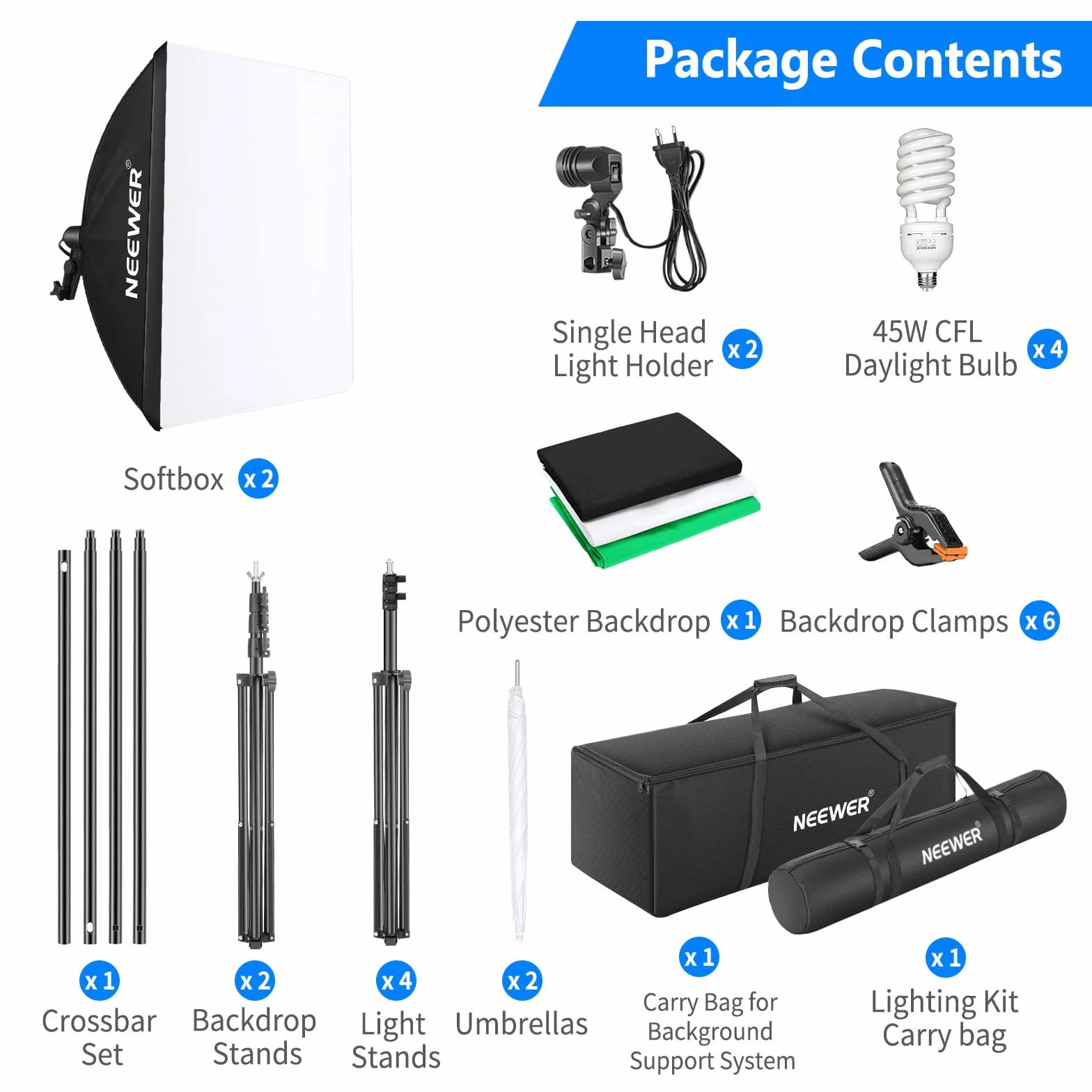 NEEWER Kit di Illuminazione per Fotografia con Supporto per Fondale 2,6x3 m, Lampadine LED 5700K Equivalenti a 800W Ombrello Softbox Illuminazione Continua, Attrezzatura per Prodotti Ritratti