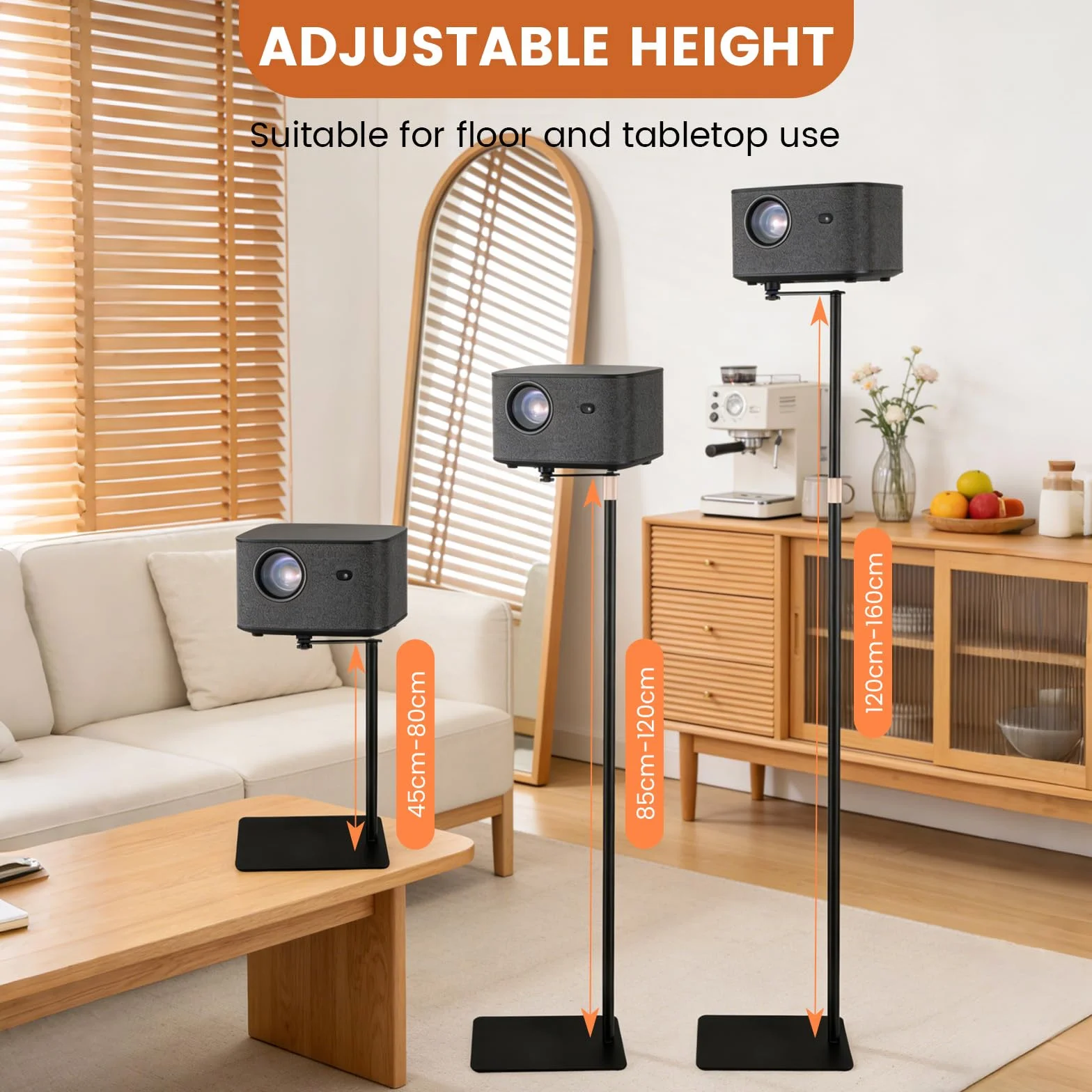 Supporto per proiettore, girevole a 360°, altezza regolabile 40-160 cm, attacco filettato 1/4", supporto per proiettore in acciaio al carbonio di alta qualità, per presentazioni, home theater, ufficio