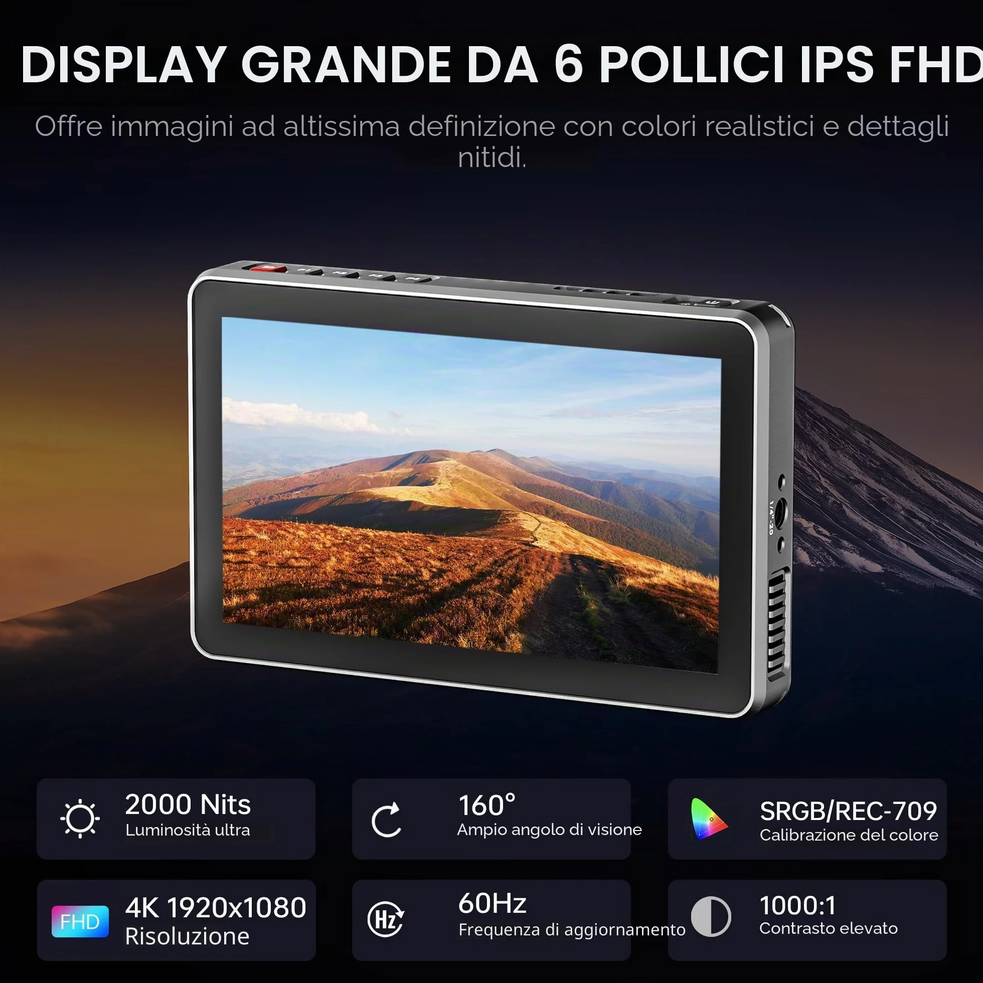 VILTROX DC-X2 Monitor da Campo per Fotocamera 2000 Nits 6" HDR Touchscreen DSLR Camera Monitor con1920x1080 IPS 4K HDMI Loop in/Out Forma d'onda LUT 3D Video Peaking Focus Assist Batteria Paraluce
