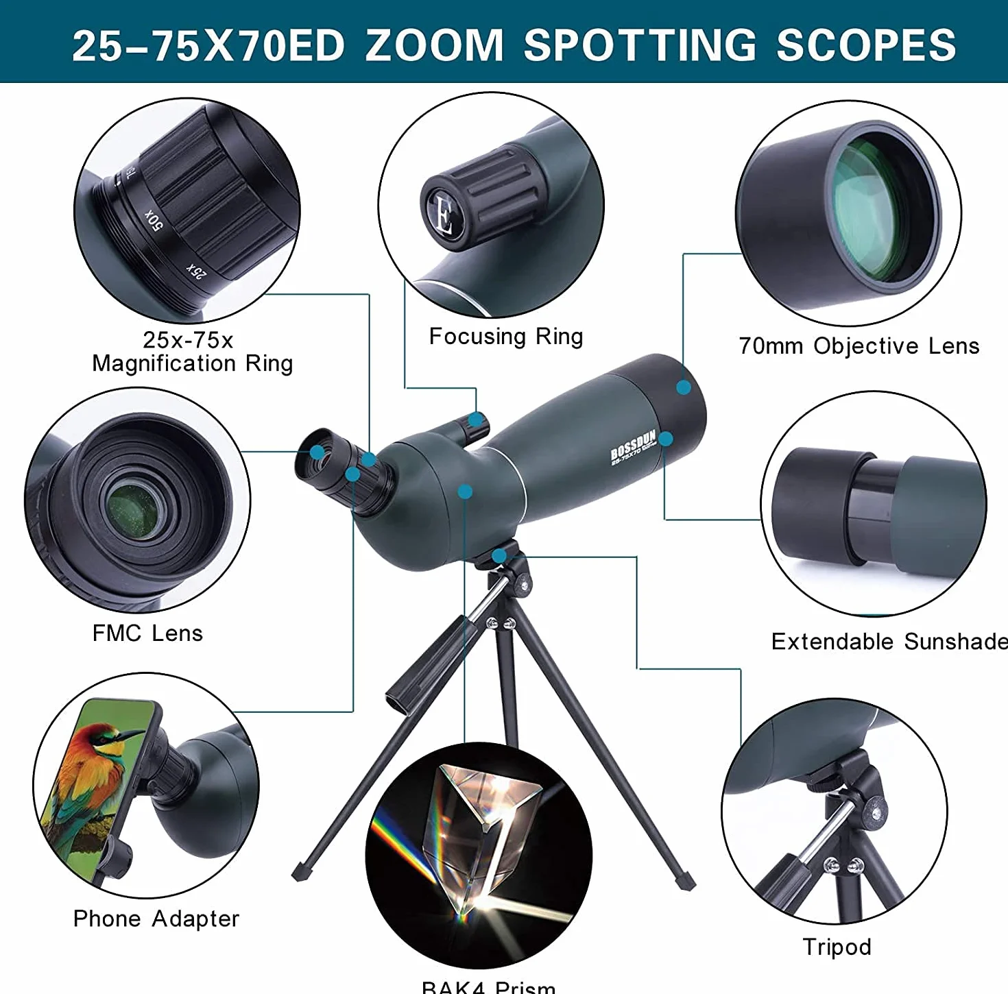 Cannocchiale, zoom 20-75x70mm Lente ottica completamente multistrato antiappannamento e mobile Telescopio con design in gomma per oculare con kit di montaggio rapido per smartphone e treppiede