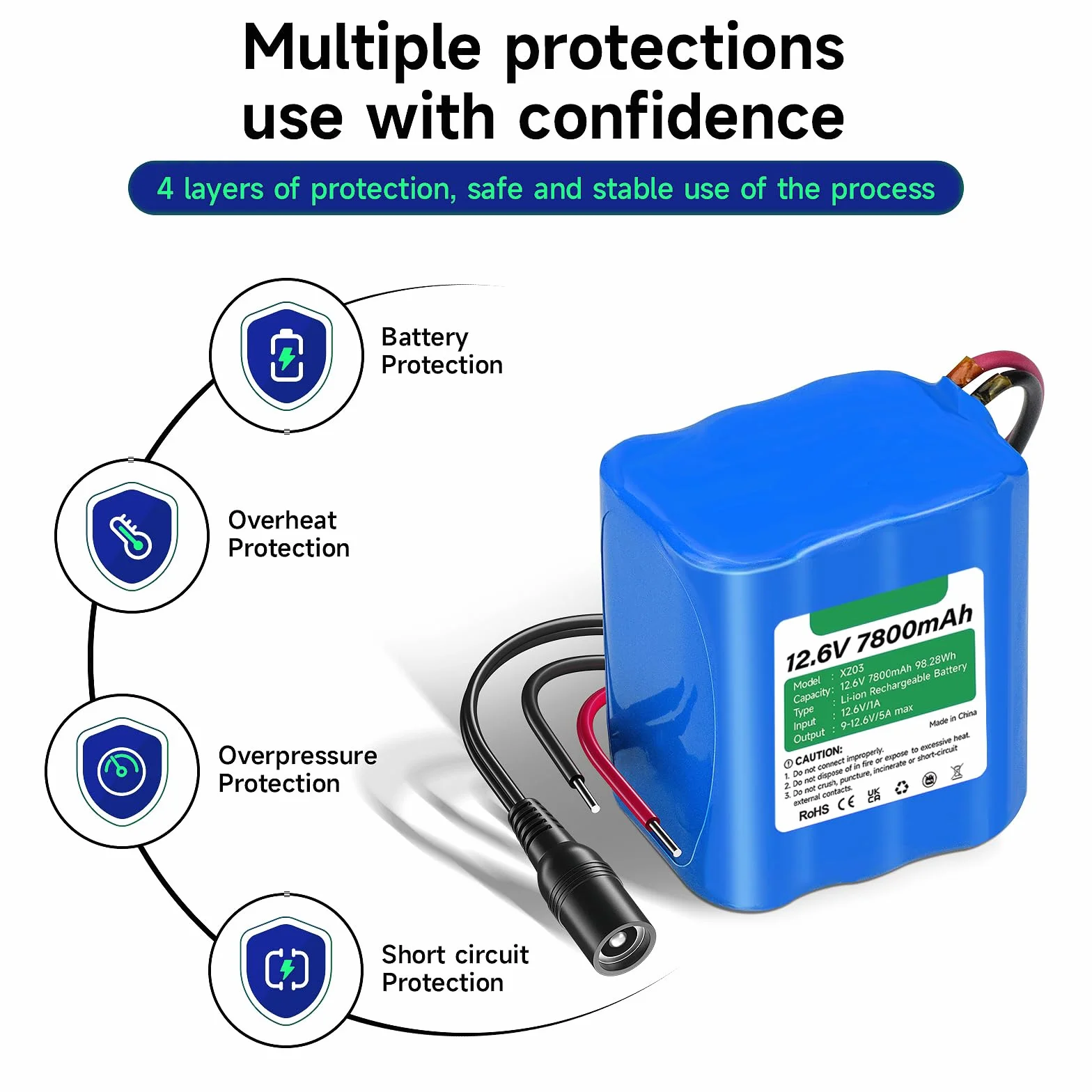 CITYORK 7800mAh 12,6V Batteria agli ioni di litio ricaricabile per Lampioni solari da esterno, telecamere CCTV, videocamere, lettori MP3, strisce LED e altro ancora