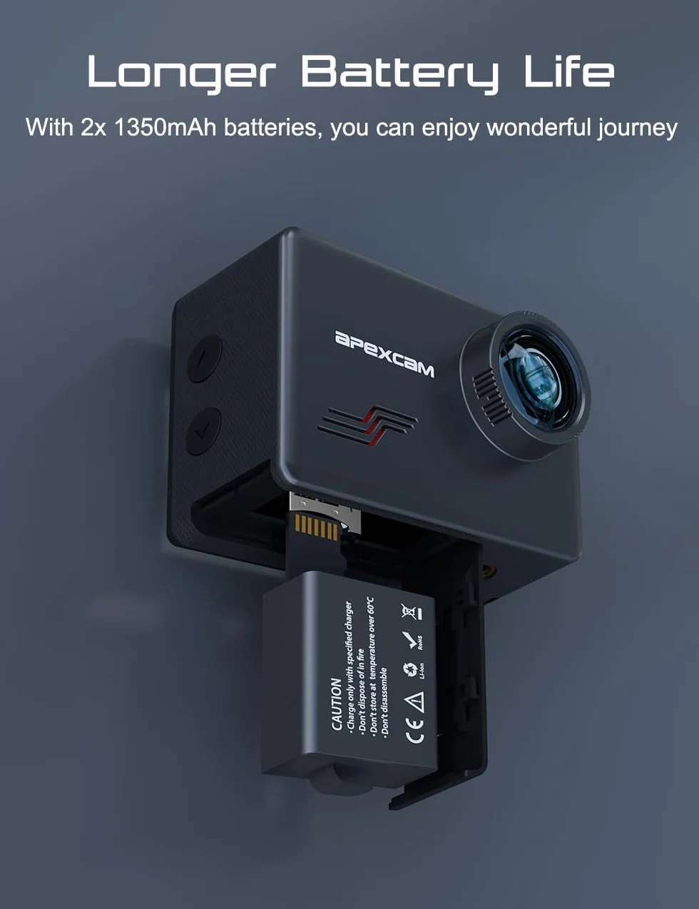 Apexcam M80 4K 60FPS 48MP WIFI EIS Action Cam Con 64GB Scheda 40M Fotocamera Subacquea Impermeabile Ultra HD Sport Camera 8X Zoom Pre-registrazione Wide Angle Con 2x1350 Batterie Kit Accessori