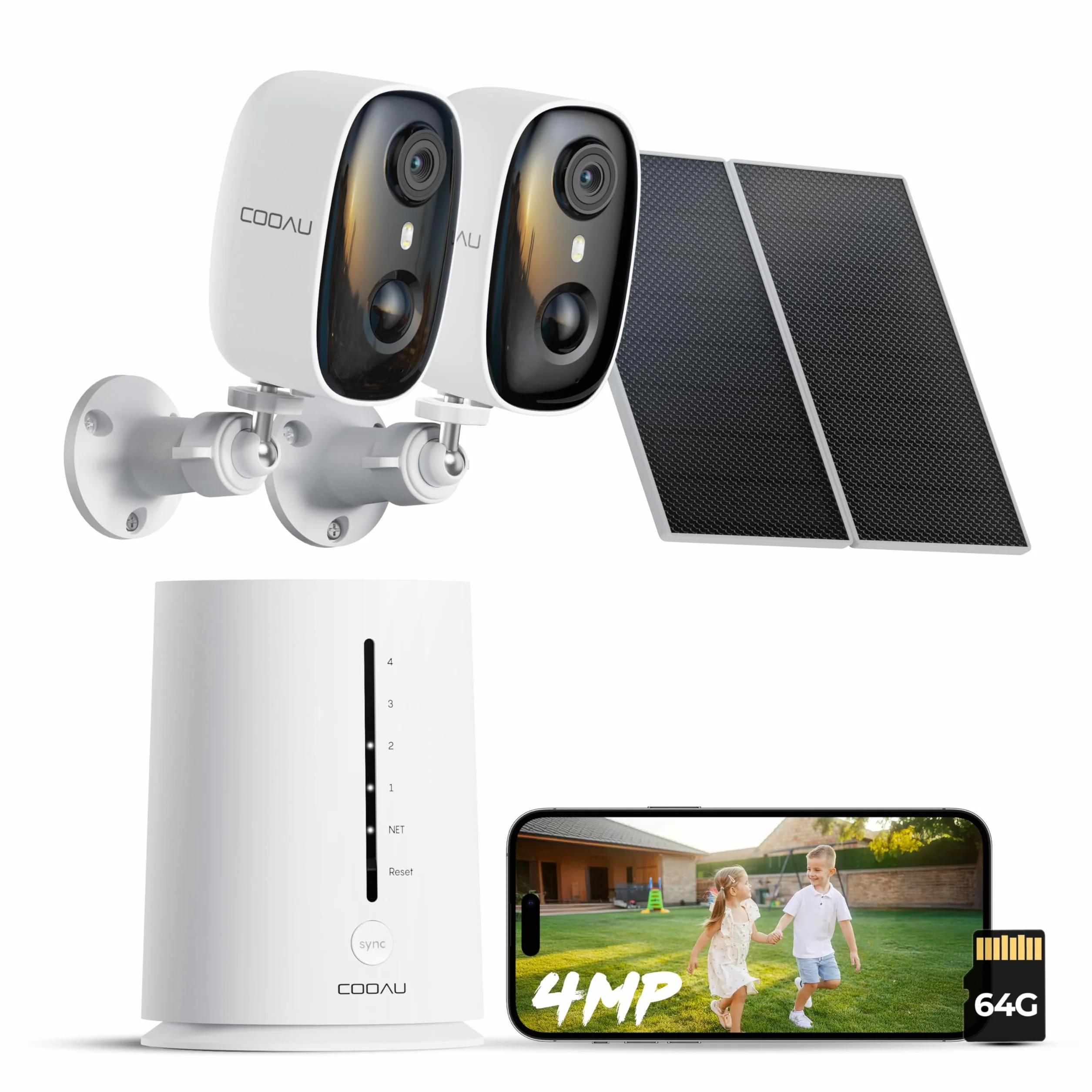 COOAU 4MP kit Telecamera Wi-Fi Esterno con Pannello Solare, 64GB Card Incluse, Wi-Fi 6 Dual Band(2.4GHz & 5GHz), Visione Notturna a Colori, Senza Abbonamenti, Adatta per Interni ed Estern, IP66, Cloud
