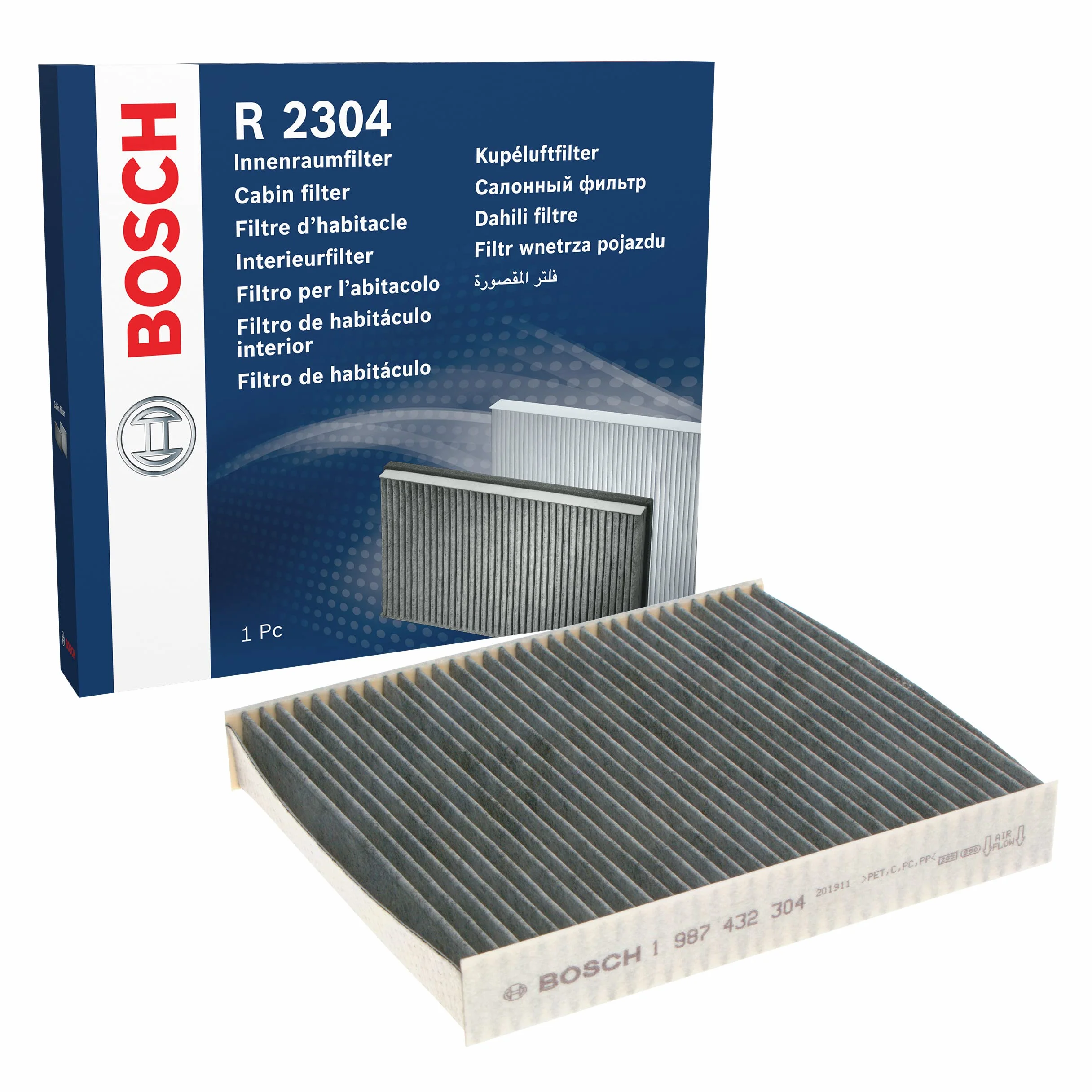 Bosch Filtro Abitacolo ai Carboni Attivi R2304, Filtro di Ricambio - Contro cattivi odori, polline e polvere per un'aria più pulita all'interno del veicolo