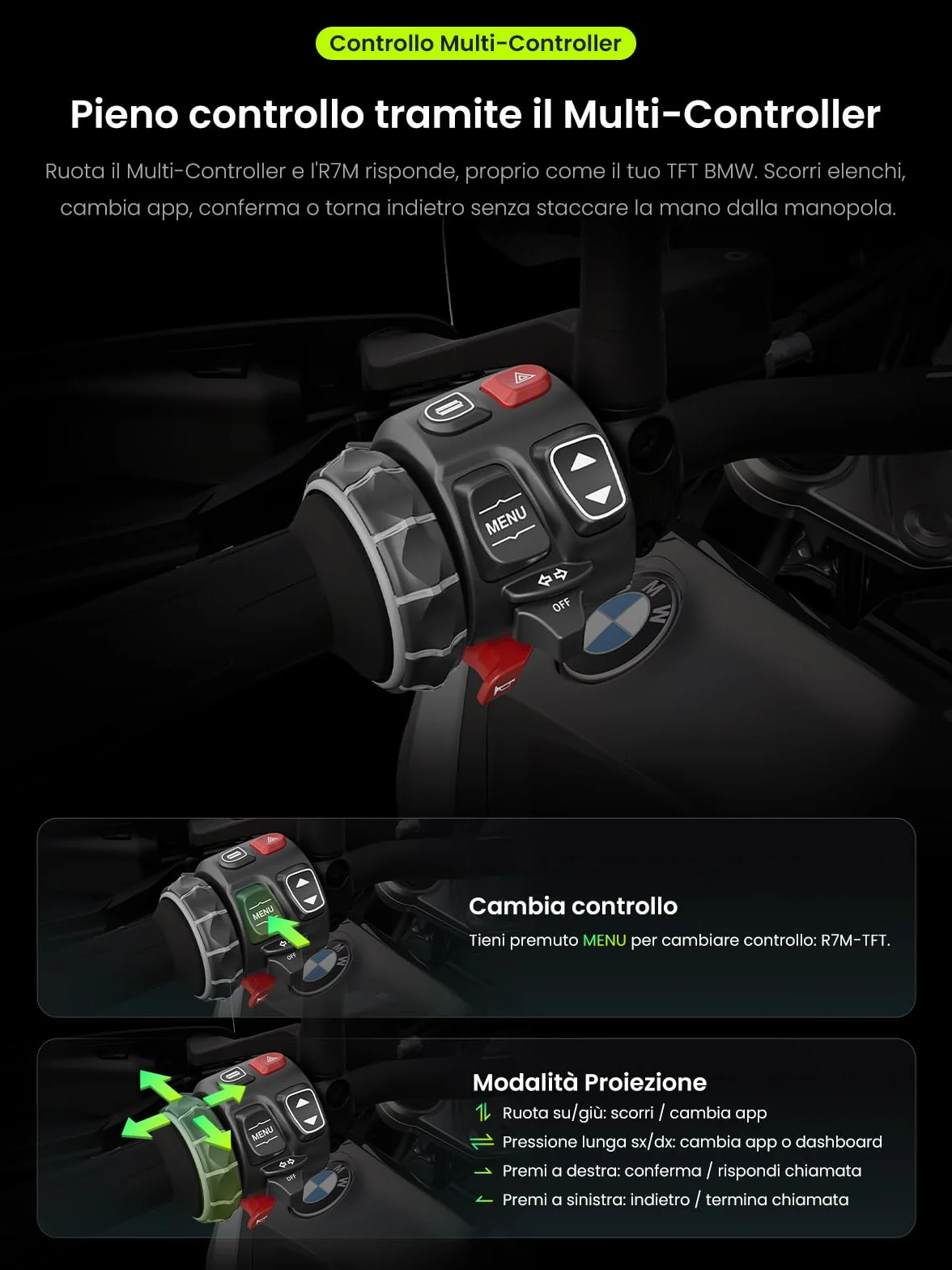 R7M 7" Wireless CarPlay e Android Auto per Motociclette BMW - Controllo Nativo Wonder Wheel Action Camera | Lettura Dati in Tempo Reale (TPMS/RPM) | Aggiornamenti OTA | GPS IP69K | Nav Prep