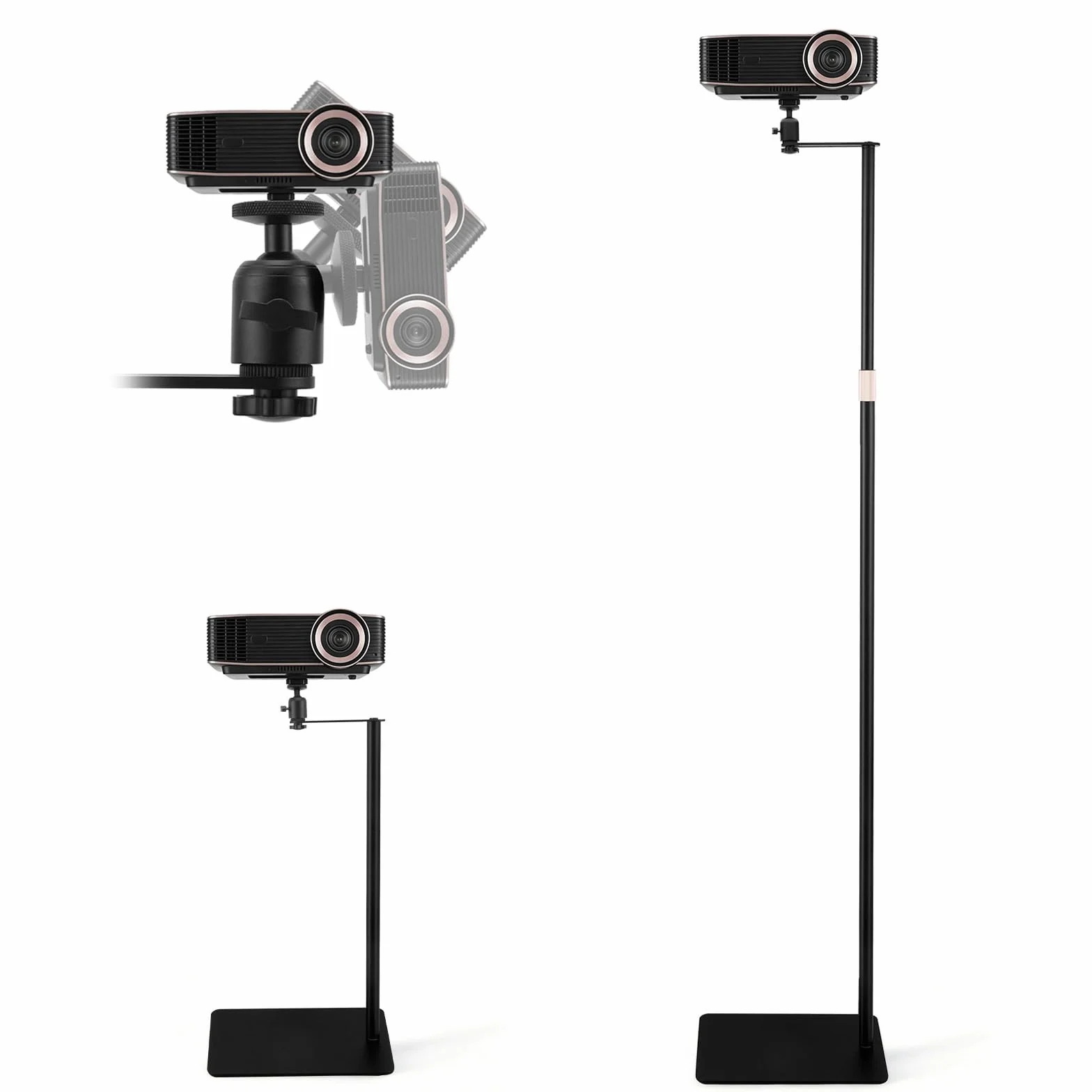 Supporto per proiettore, girevole a 360°, altezza regolabile 40-160 cm, attacco filettato 1/4", supporto per proiettore in acciaio al carbonio di alta qualità, per presentazioni, home theater, ufficio