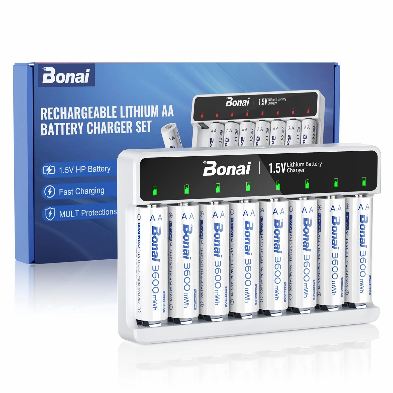 BONAI AA Lithium Batterie Ricaricabili 1,5V 3600mWh 8 Pezzi Pile Ricaricabile Al Litio AA con Caricabatterie Ricarica Rapida Type-c Adatto per Telecamere, Serrature Intelligenti, Torce Elettriche, ecc