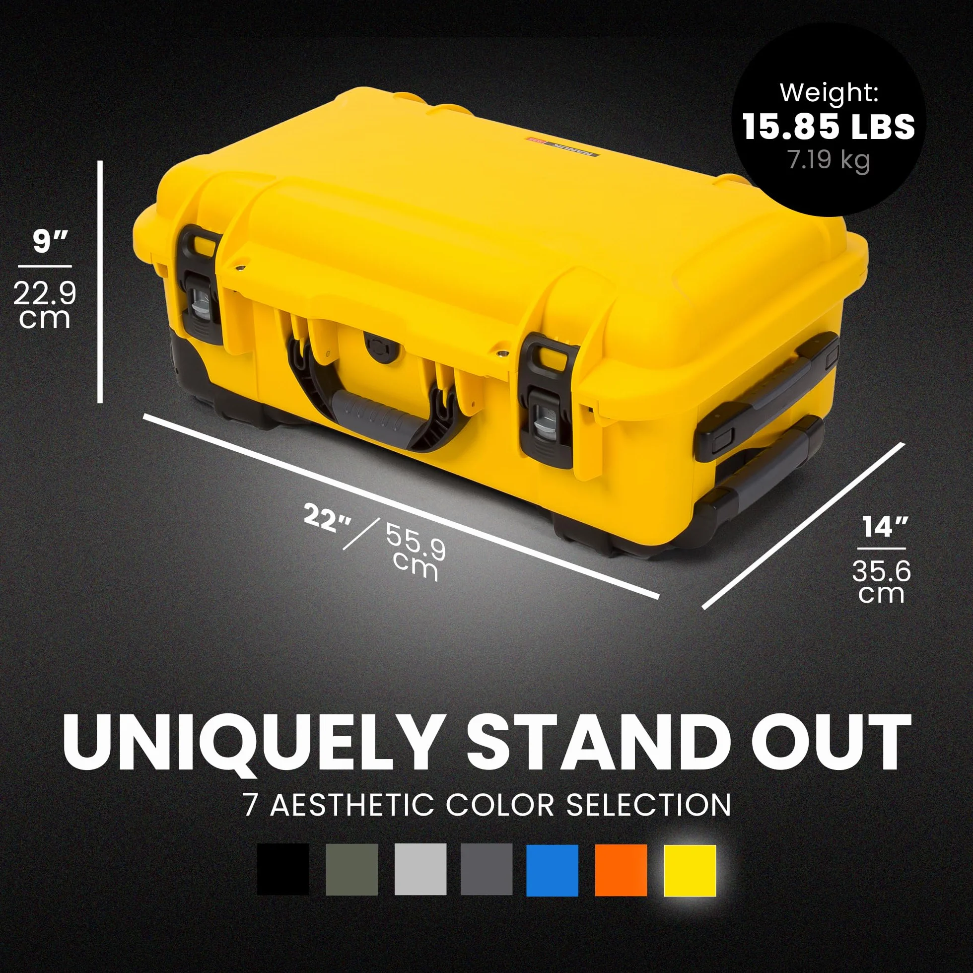 NANUK 935 - Valigia protettiva leggera e impermeabile in resina NK-7, con ruote e inserto in schiuma personalizzabile (56 cm x 36 cm x 23 cm) Omologata come bagaglio a mano (Giallo)
