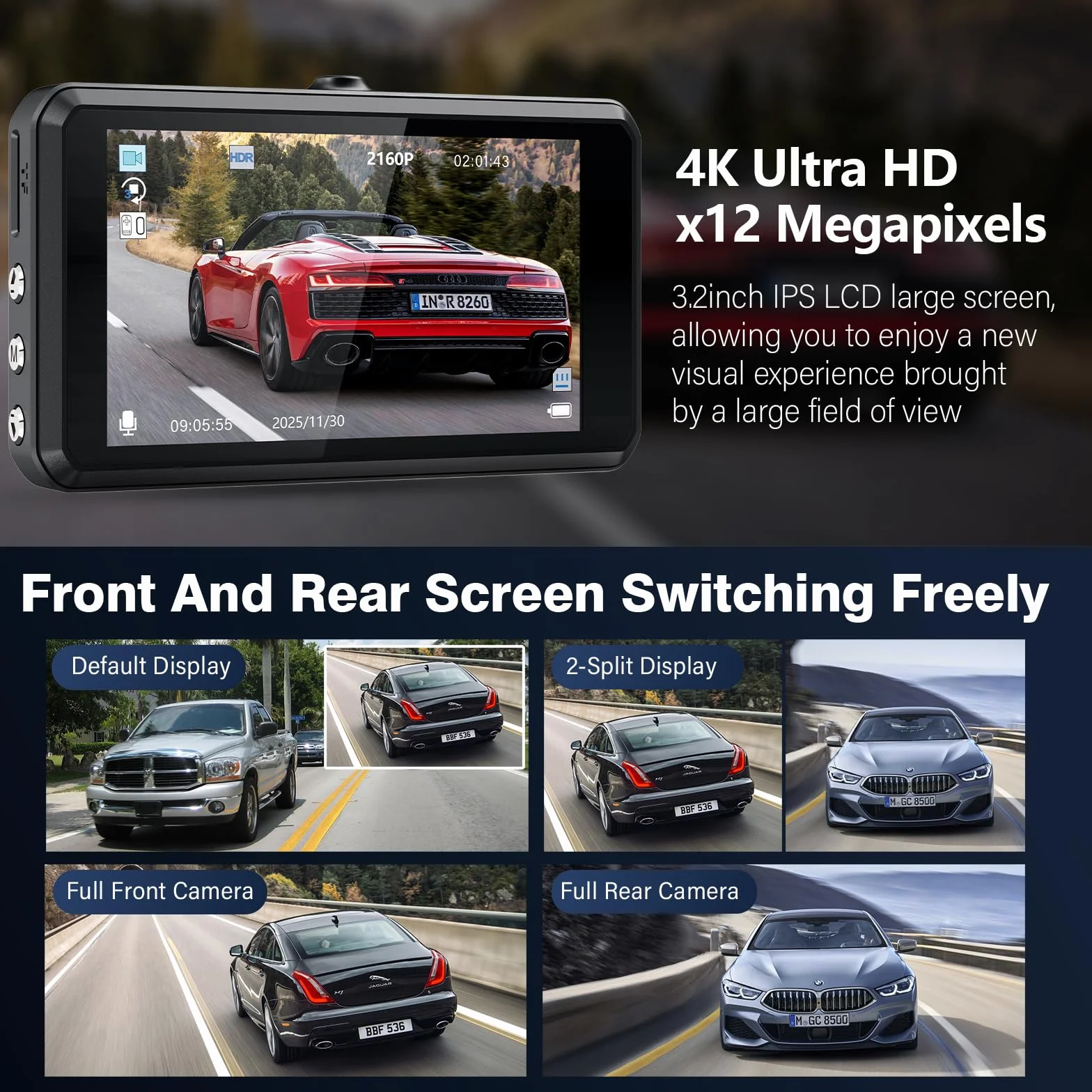 Miden 4K+1K Dashcam 2160P+1080P UHD Telecamera Auto IPS 3.2" Grandangolo 336° G-Sensor Visione Notturna WDR Monitor Parcheggio Registrazione Loop