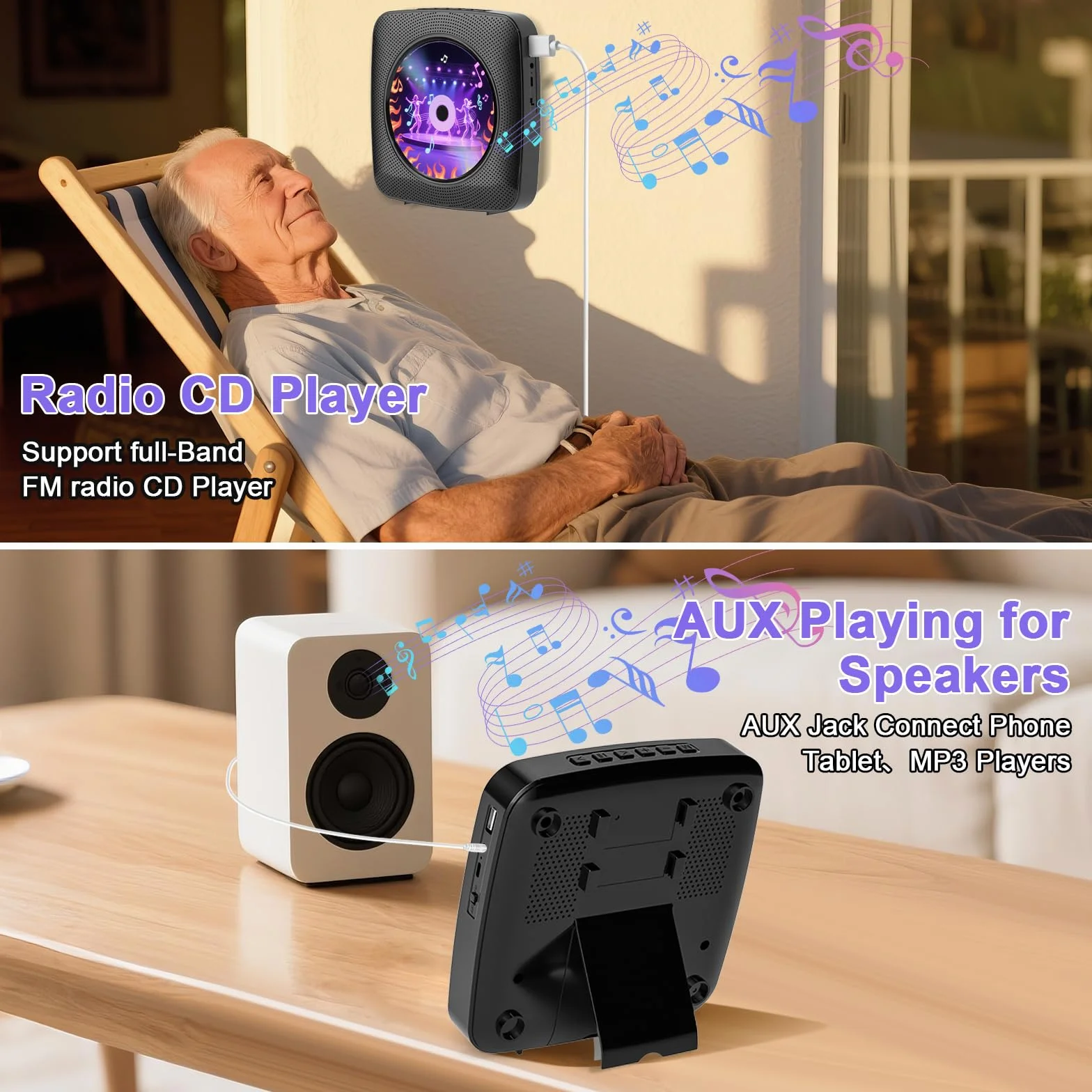 Gueray Lettore CD portatile Hifi Bluetooth con altoparlanti batteria ricaricabile 1800 mAh telecomando radio FM USB AUX Nero