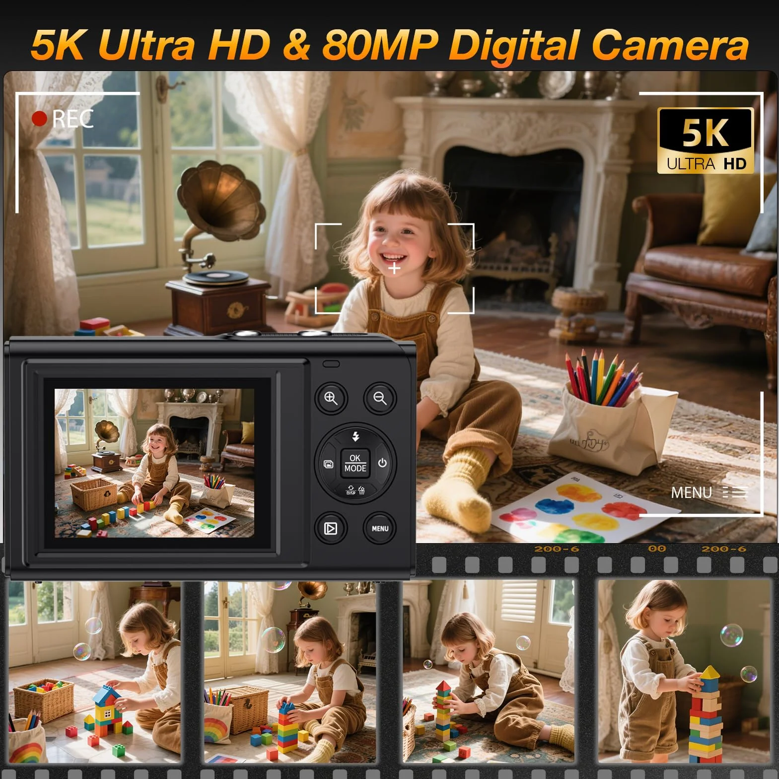 Fotocamera digitale a doppio schermo 5K per Vlogging, fotocamera WiFi da 80 MP con display frontale, zoom 18x, luce di riempimento, include scheda da 64 GB e 2 batterie