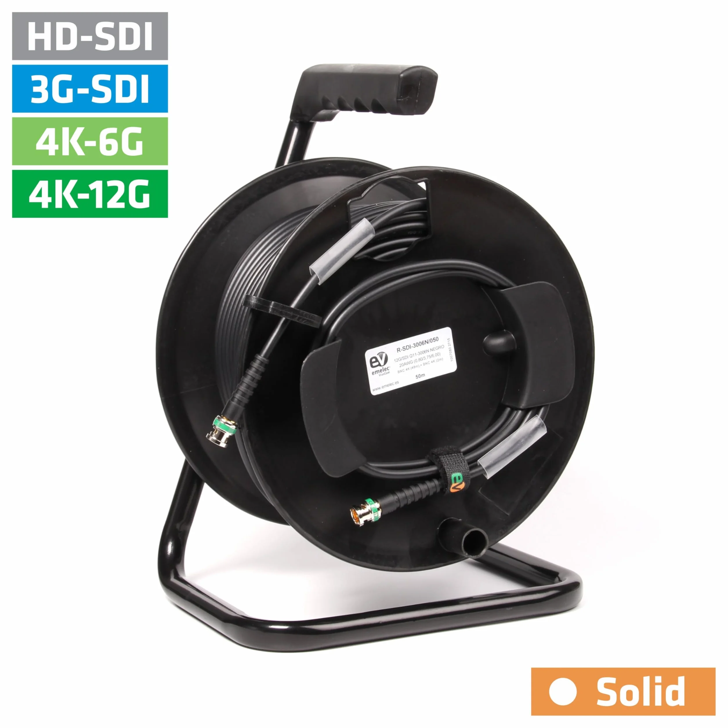R-SDI-3006N/050-50m Cavo Video 4K-UHD 12G-SDI (0.8/3.75/6.0) Montato su Portacavi con BNC 4K-UHD - Driver Unifilare - Colore Nero - PVC flessibile