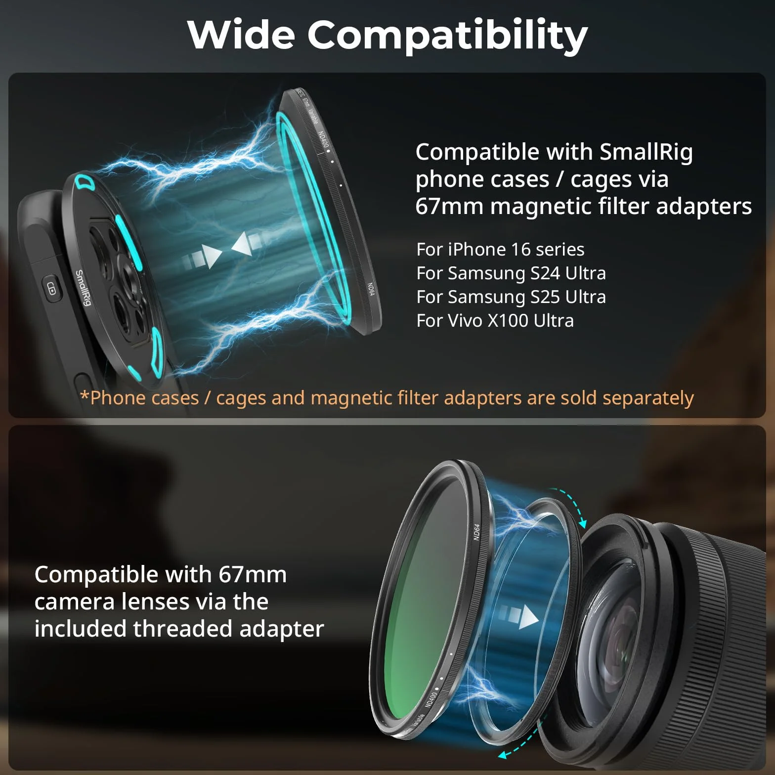 SmallRig Filtro magnetico VND 67 mm ND64-ND400 (6-9 stop), filtro ND regolabile per iPhone 16/S24 Ultra/per obiettivi Vivo X100 e 67 mm, vetro ottico No X Cross HD, con adattatore filettato - 5169