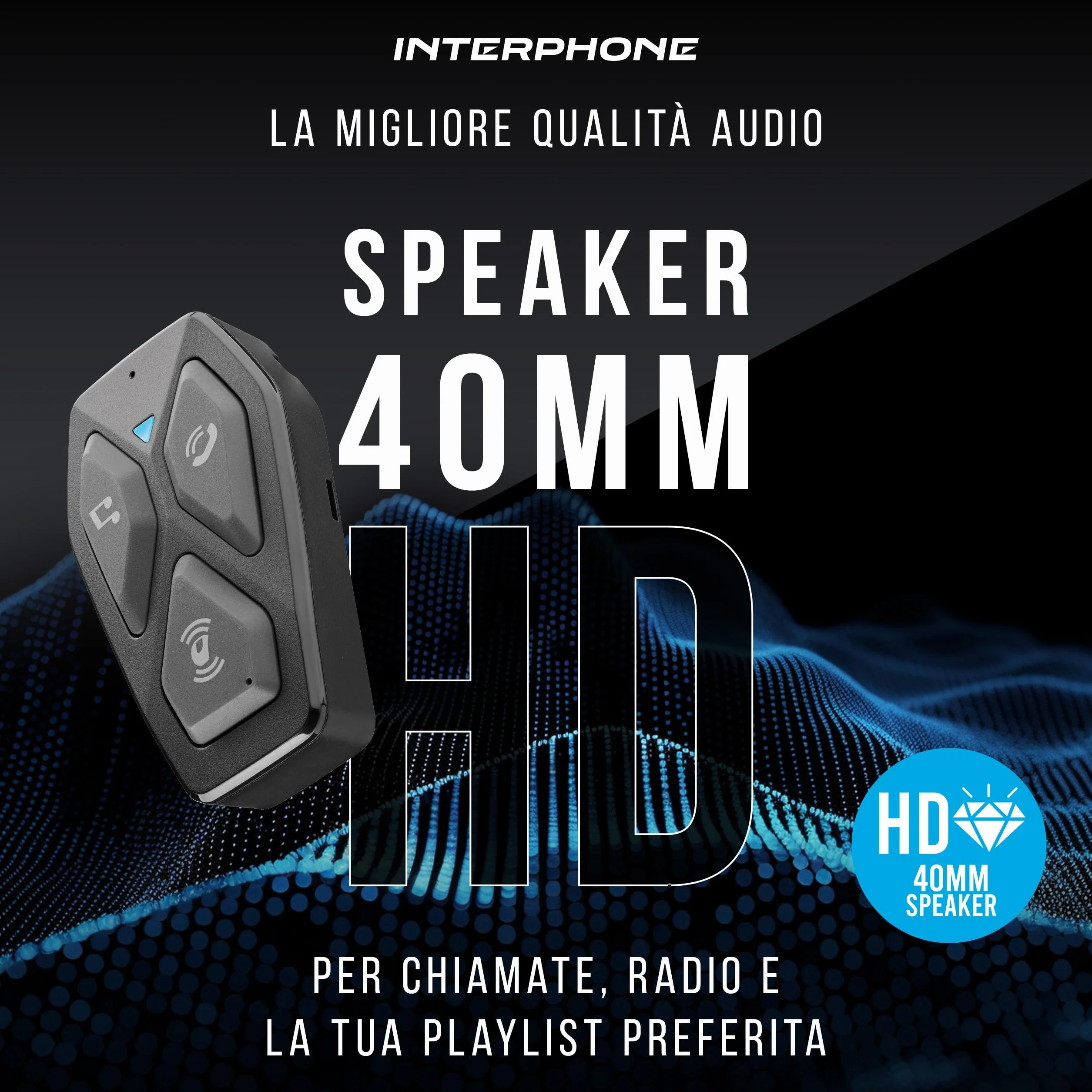 INTERPHONE U-COM 3HD Singolo, Interfono moto di gruppo per 4 utenti fino a 500mt, Interfono casco Bluetooth 5.1 con auricolari HD 40mm per musica, chiamate e GPS, Autonomia 10h e impermeabile IP67