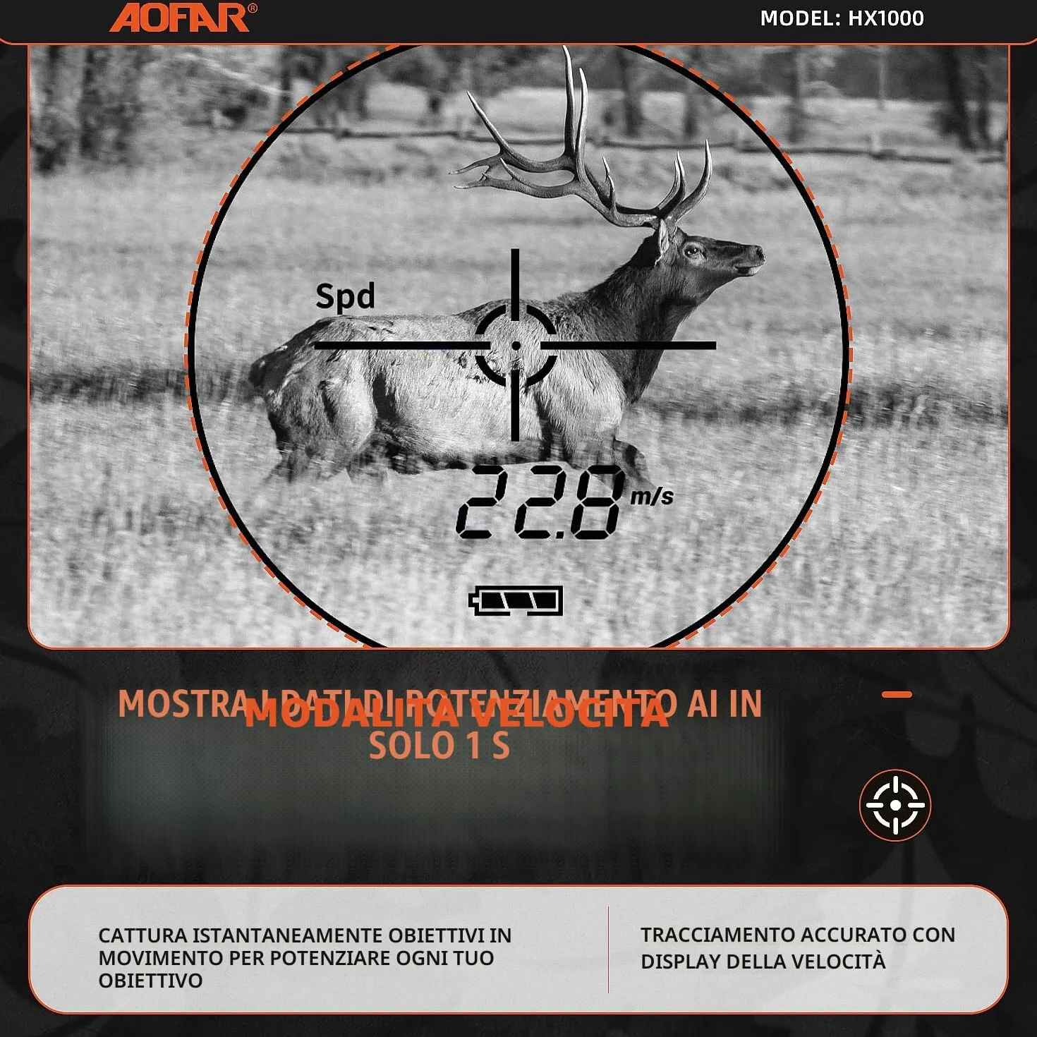 AOFAR HX1000 Telemetro Laser da Caccia 1000 iarde, Misurazione Distanza Angolare e Orizzontale, Modalità Scansione e Velocità, 6x Ingrandimento, Impermeabile, Batteria Inclusa