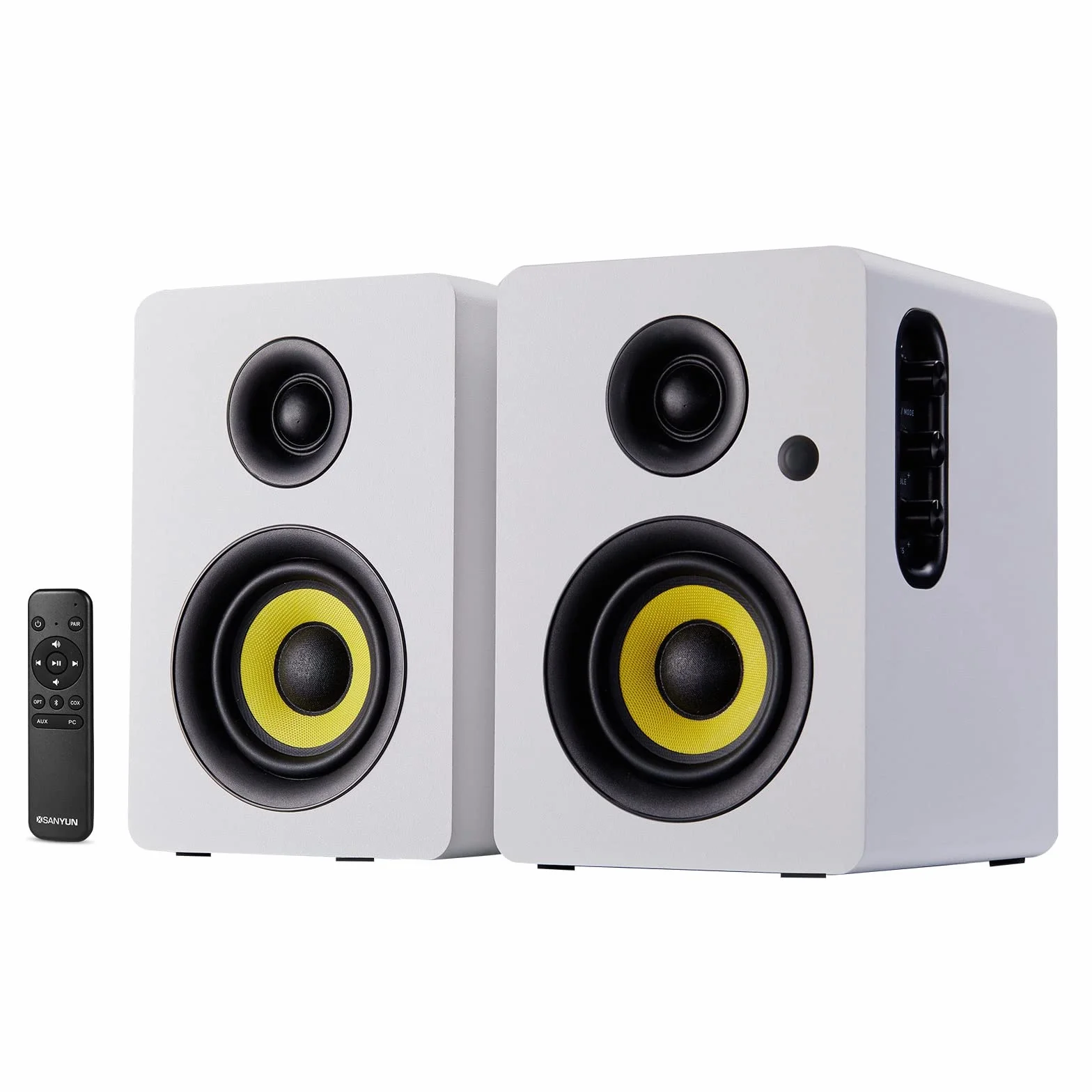 Sanyun SW206 80W Casse Attive da Libreria a Doppia Modalità, Monitor Studio 4" & HiFi, Campo Sonoro 3D Migliorato, Ingresso Bilanciato TRS 6,35mm, BT 5.4, Ottico/Coassiale/Aux/USB DAC 24bit, Bianco