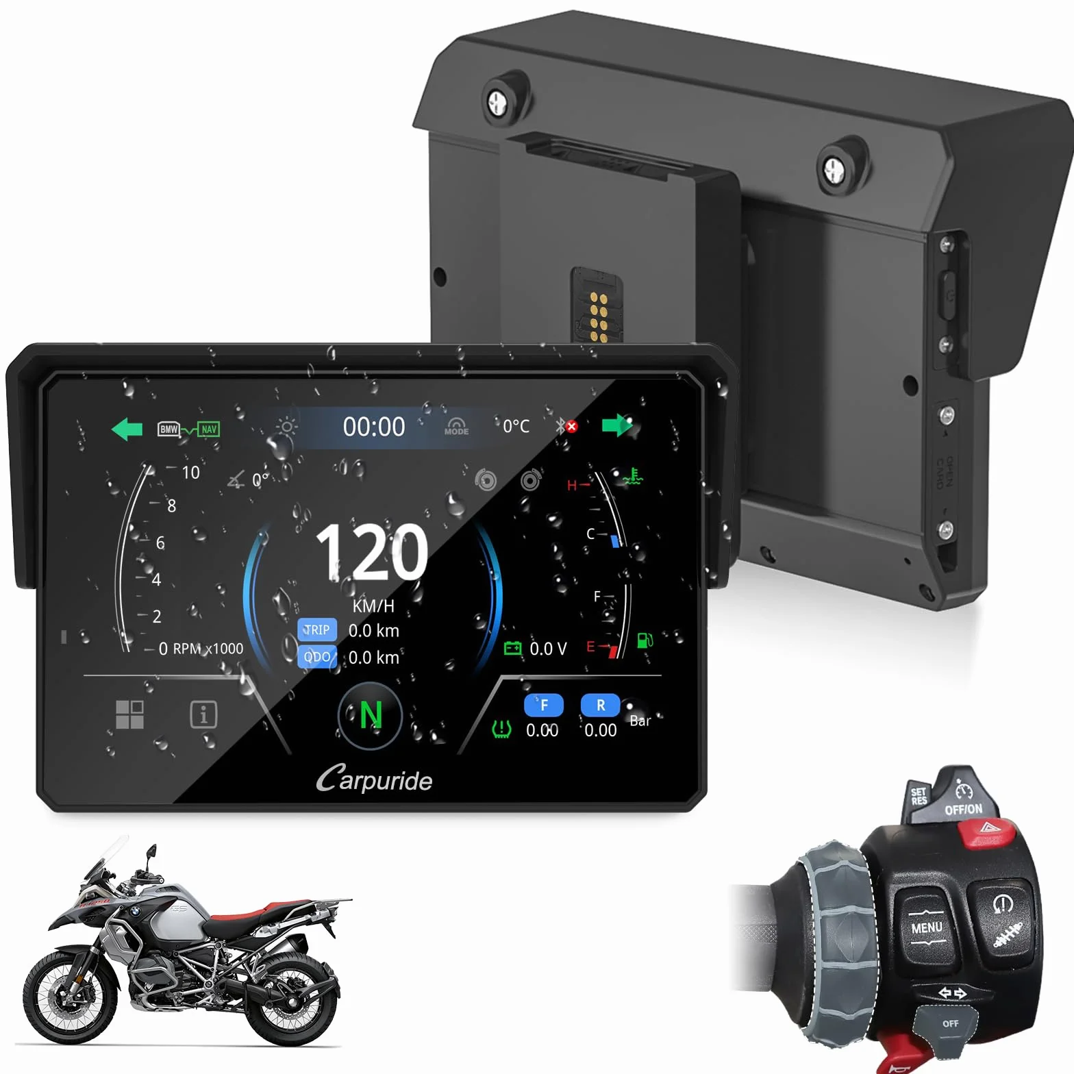 CARPURIDE W502BS Pro per Moto BMW CarPlay e Android Auto, Doppio Bluetooth, Schermo di Navigazione Impermeabile da 5 Pollici, Lettura dati, Native Wonder, TPMS, Sensore di luce, Condivisione di Musica
