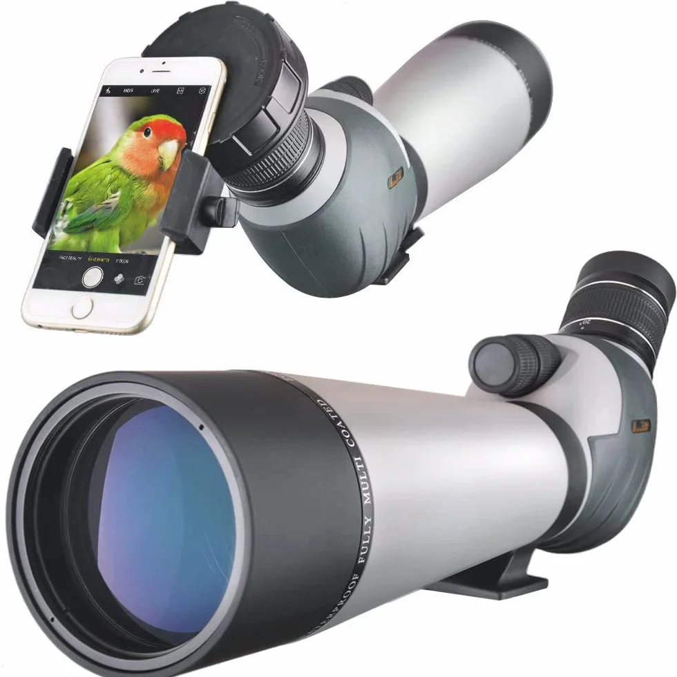 Cannocchiale HD 20-60x80, zoom a doppia messa a fuoco impermeabile BAK4 Oculare angolato a 45 gradi completamente multistrato per caccia, tiro, birdwatching, con adattatore per smartphone