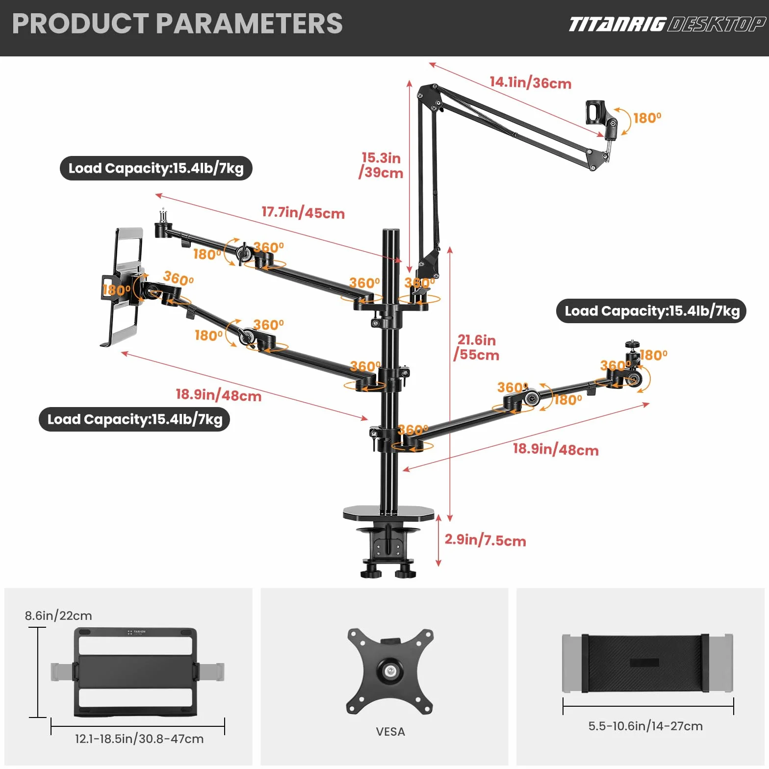 TARION Supporto Fotocamera da Tavolo con Braccio: Supporto DSLR Morsetto Flessibile da Tavolo con Bracci Snodato per Anello Luminoso Microfono Fotografia Video Streaming Titanrig Desktop