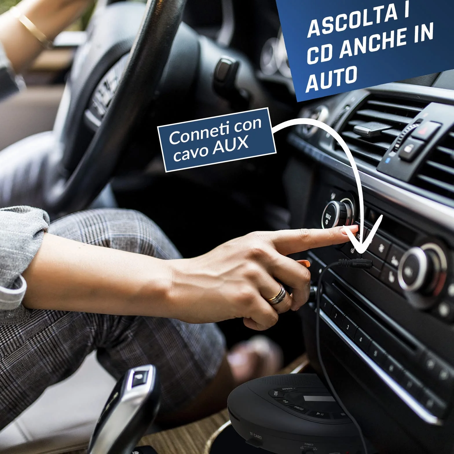 Lettore CD Portatile Stereo con Altoparlanti, Batteria Ricaricabile, microSD, AUX per Auto