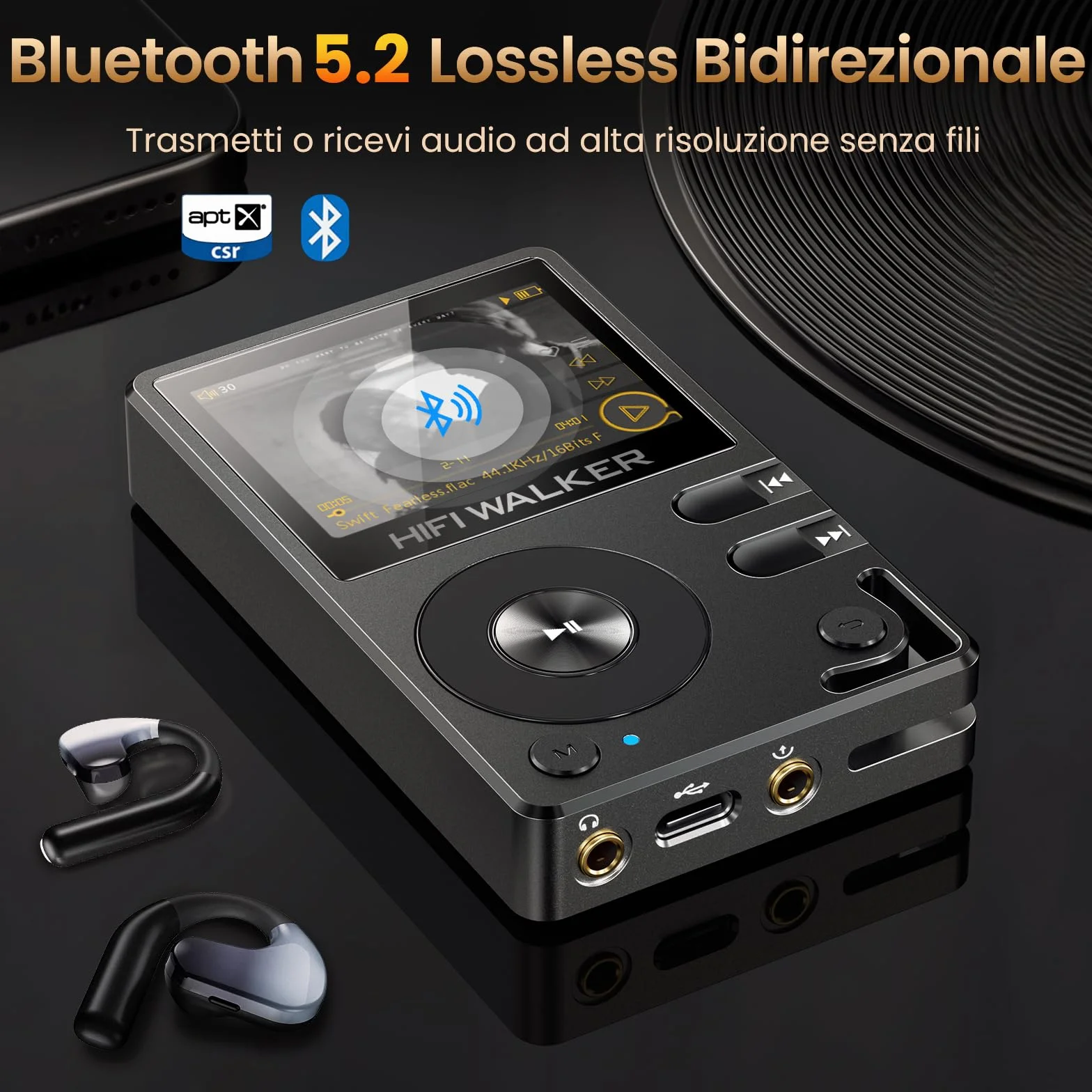 HIFI WALKER H2 Lettore MP3 Hi-Fi, Player Musicale Lossless con SD 64GB Inclusa, DAC ES9018K2M, Bluetooth 5.2 Bidirezionale, Schermo 2.0" con Tasti Fisici, Supporto DSD128, Lega di Zinco