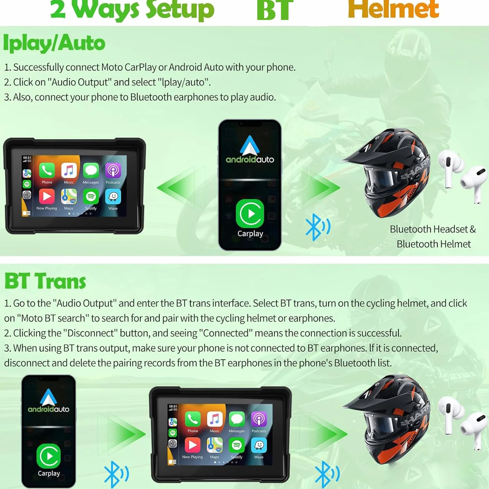 Euakee 5 Pollici Impermeabile Touch Screen Moto Car-play & Android Auto Navigatione GPS Wireless 1000 Nit