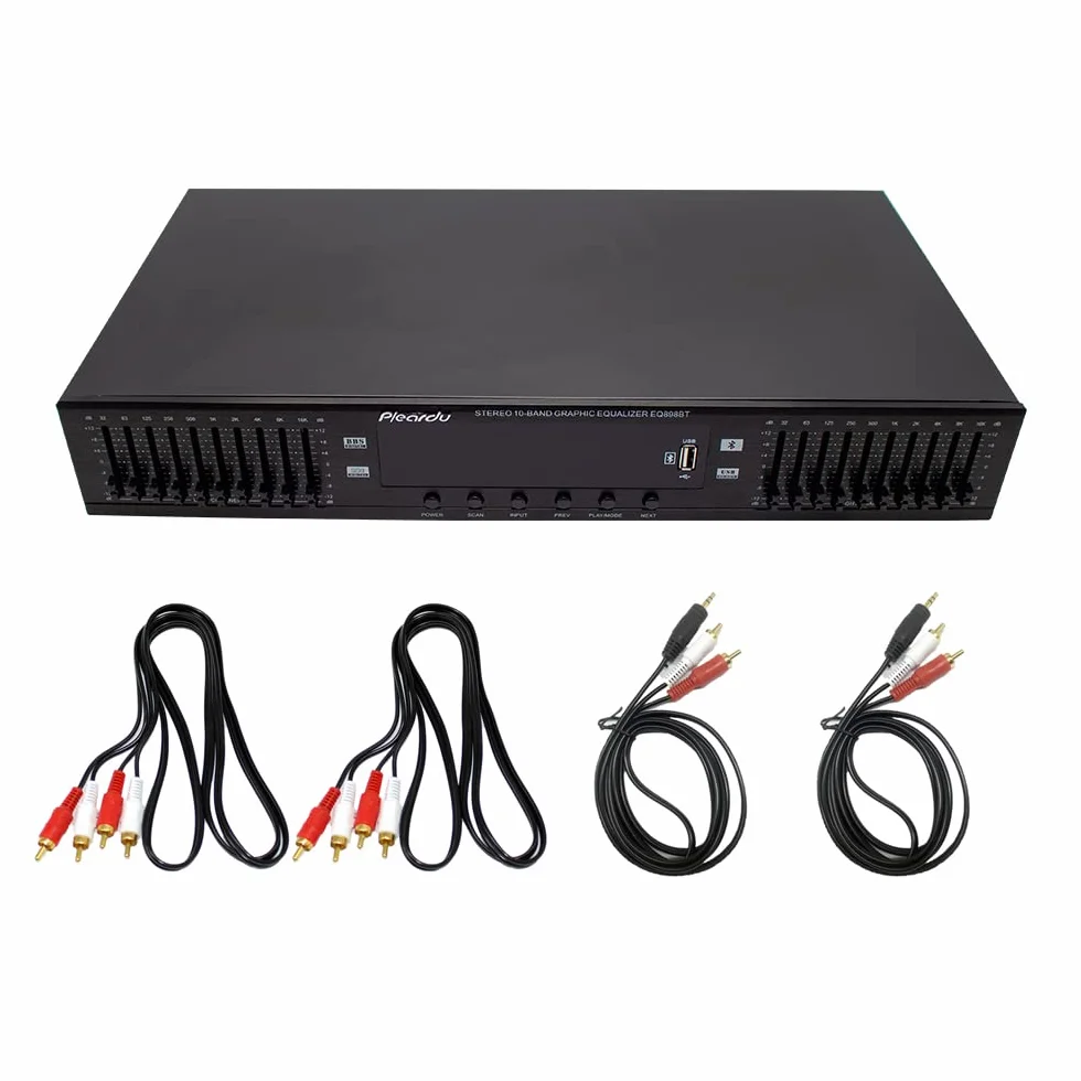 Toplionace Equalizzatore Stereo Digitale HD 220V HIFI, Equalizzatore Preamplificatore EQ898 Equalizzatore USB Integrato Bluetooth Home Stage Doppio 10 Segmenti (EQ898, Nero)