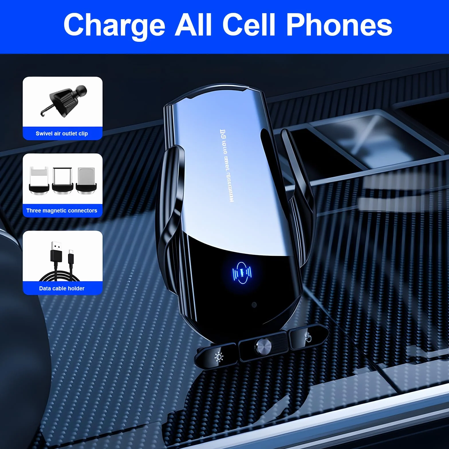 Supporto per telefono da auto con caricatore wireless, caricatore wireless da auto 15W a ricarica rapida, supporto con aggancio automatico a ventosa per auto/cruscotto/bocchetta dell'aria/parabrezza