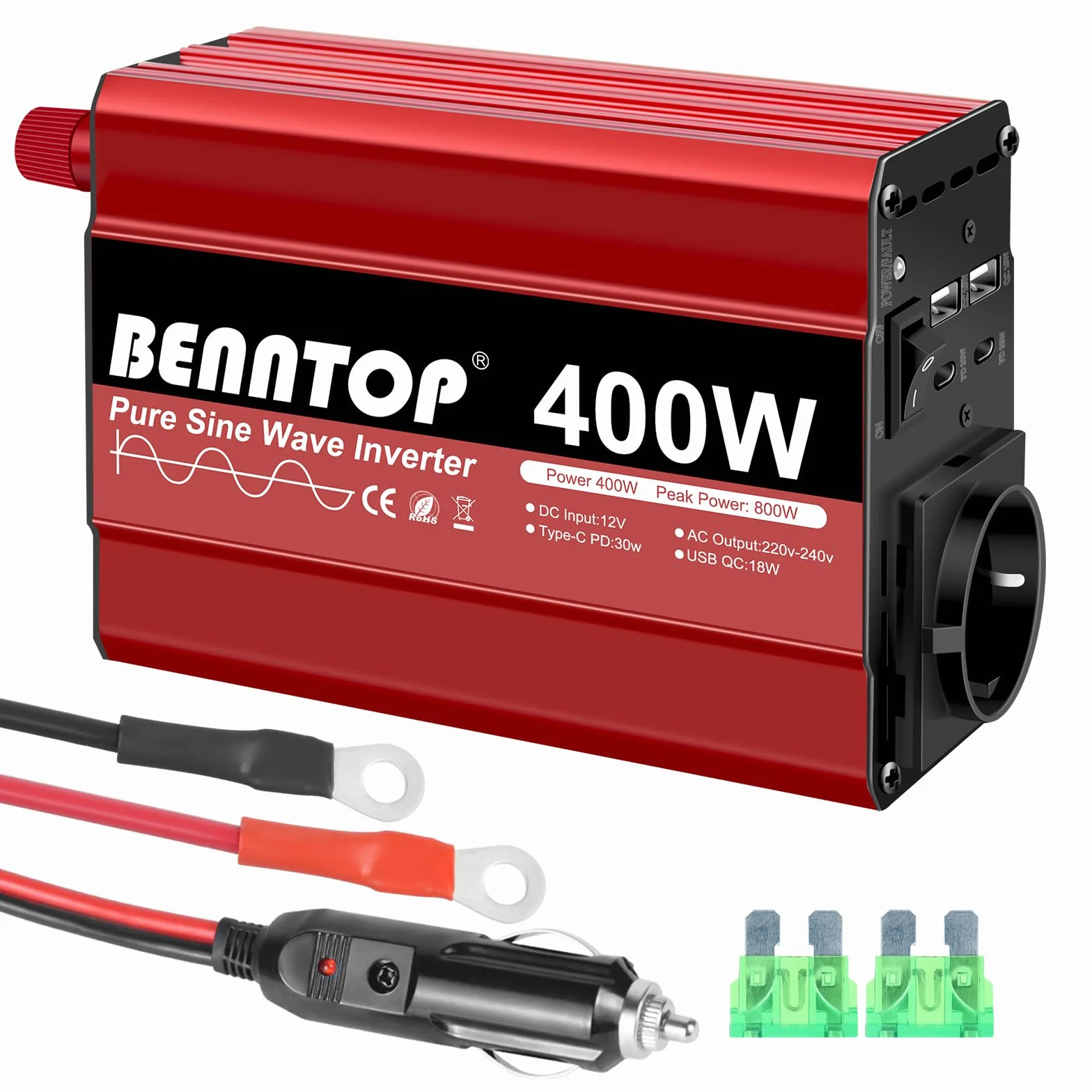 400/800W Inverter Auto Onda Pura DC 12 V a AC 220 V 230 V Convertitore di Tensione con 4 Ports USB（typeA/C), 1 Prises EU & Prise Allume Cigare Adattatore Caricabatterie per Auto & Camper
