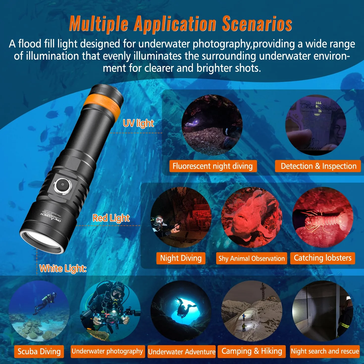 ORCATORCH D710V MK2 Torcia Subacquea, 2300 lumen Luci subacquee 3in1 (Bianca +UV+Rossa) per Fotografia e Video Subacquei, IP68 Impermeabile, per 150M Immersioni Notturne, Wreck, Campeggio