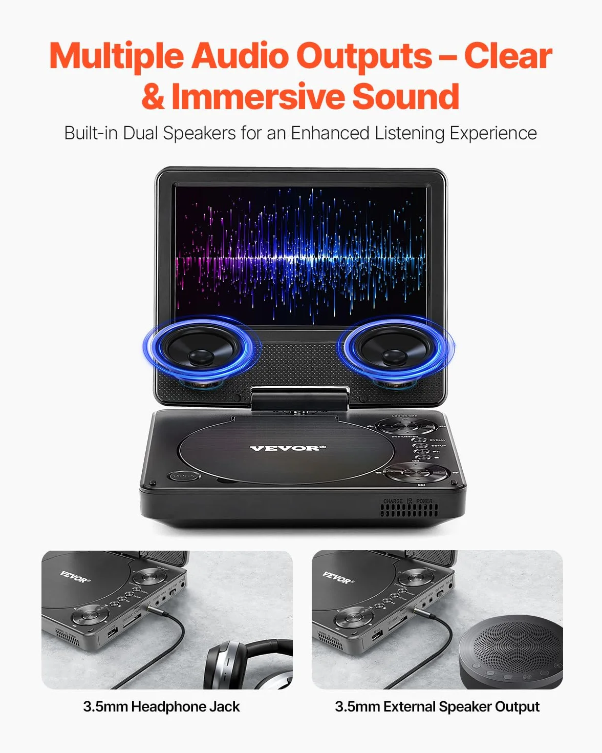VEVOR Lettore DVD Portatile, Schermo HD Girevole da 7 pollici, Batteria Ricaricabile Integrata con Durata di 4 Ore, Altoparlante Doppio, Supporto Sincronizzazione TV/USB/Scheda SD/CD/DVD