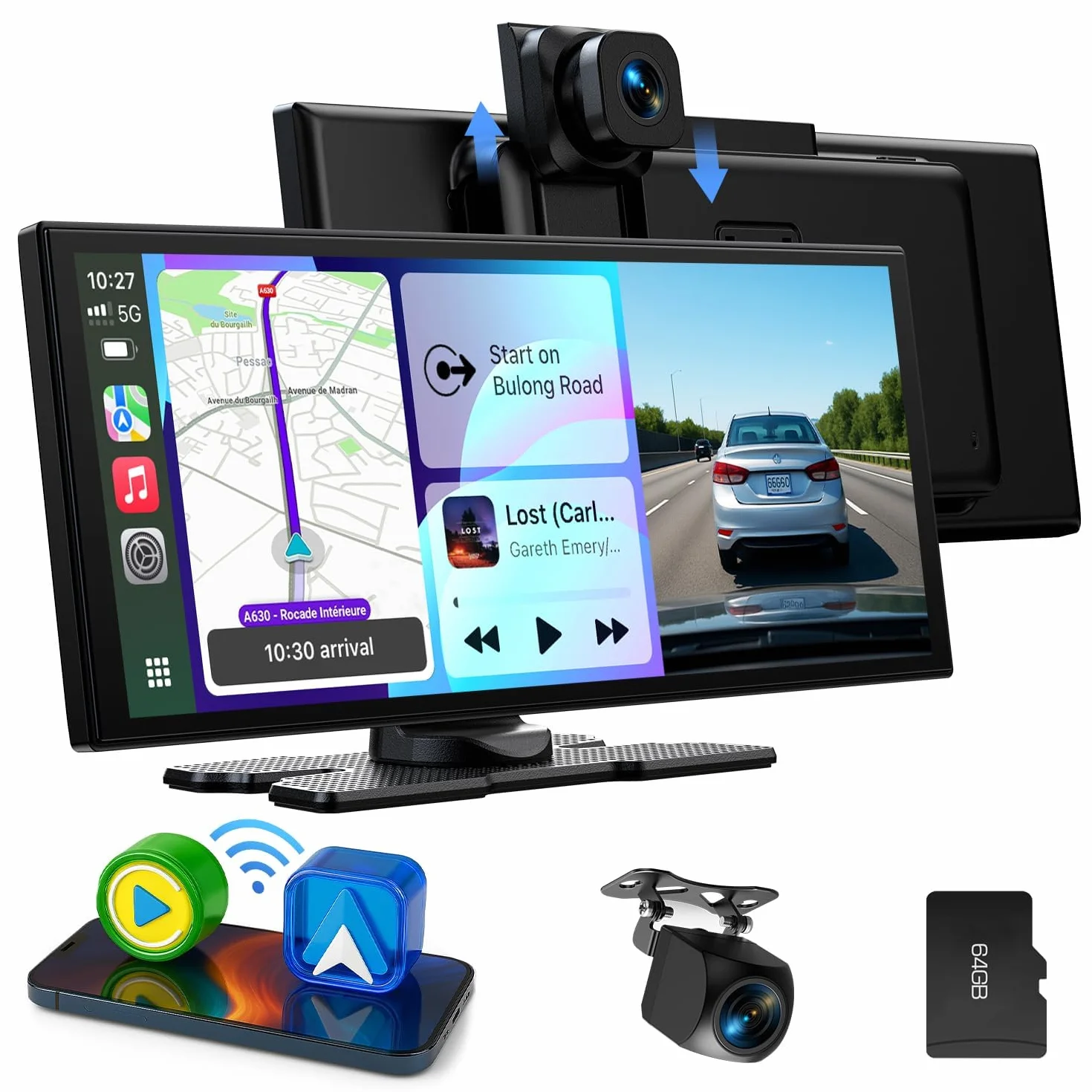 LAMTTO Wireless CarPlay Android Auto Display 10,25 Pollici Schermo per Auto Car Play con Dashcam Anteriore Posteriore 2,5K+1080P con Assistente Vocale Navigazione Bluetooth FM AUX Scheda TF 64GB