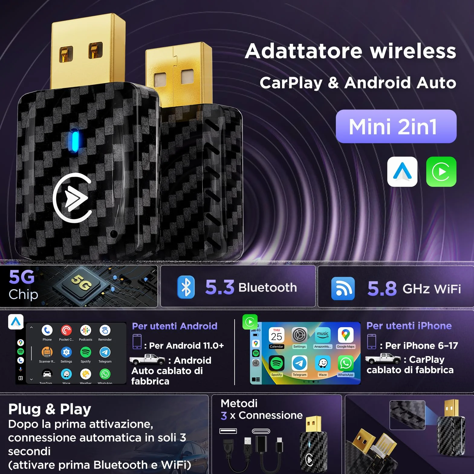 MSXTTLY Adattatore Wireless CarPlay e Android Auto U2AC-01, Converte CarPlay/Android Auto Cablato in Wireless, compatibile con iPhone 17/16/15/14/13/12 R e Android 11+, USB-C/USB-A, Nero