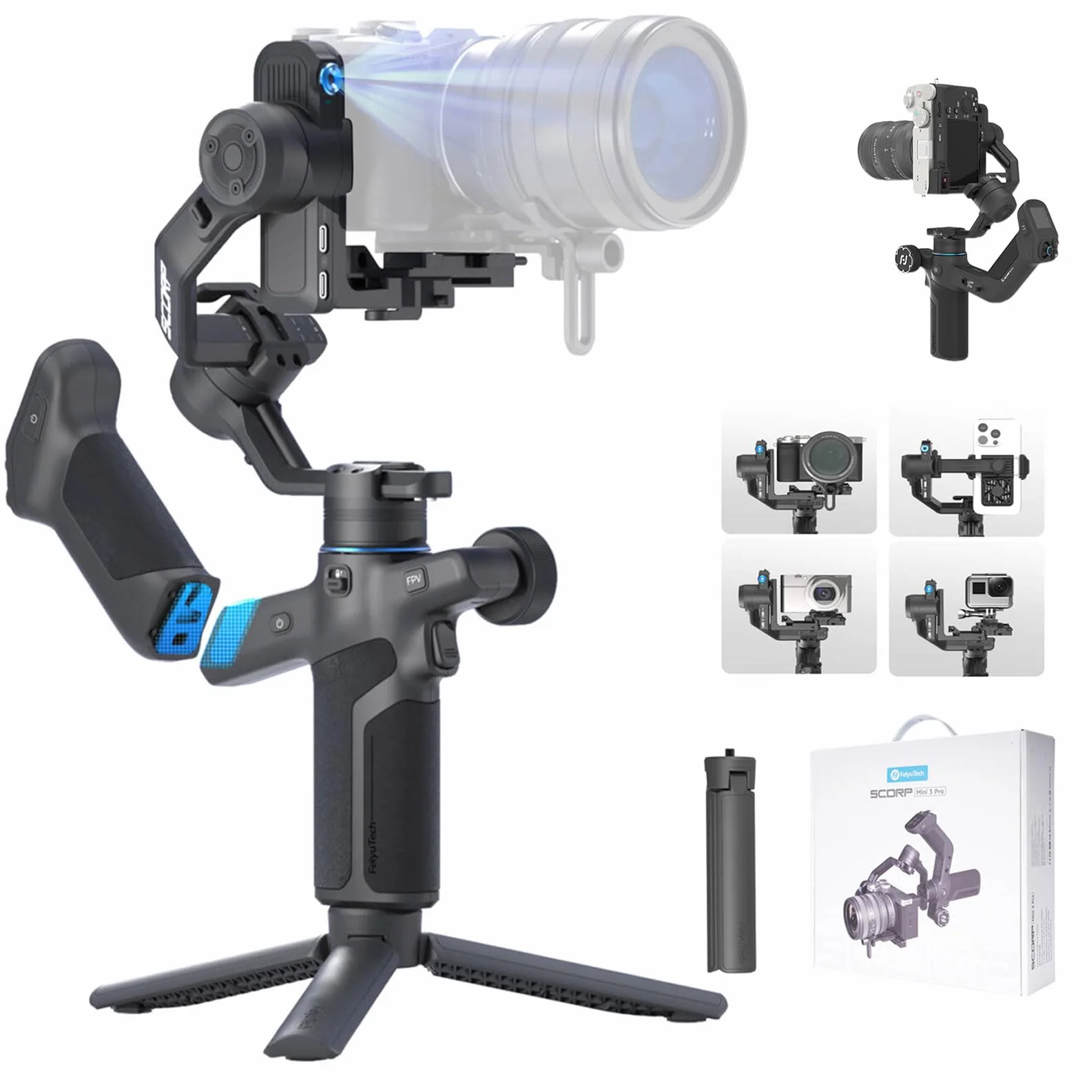 FeiyuTech SCORP Mini 3 Pro Stabilizzatore per Canon Sony Nikon Fotocamera/Action Cam, Smartphone, tracciamento AI da 18m, impugnatura remota rimovibile, carico utile di 4,4 libbre, Gimbal Mirrorless
