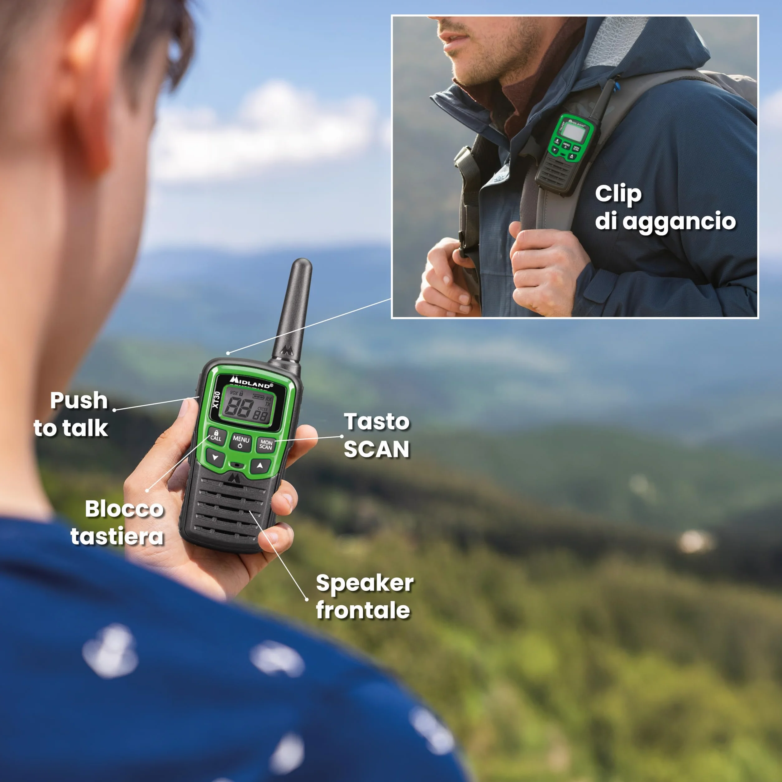 Midland XT30 Walkie Talkie Ricaricabili USB 16 Canali PMR446 5H 6km 38 Toni CTCSS VOX