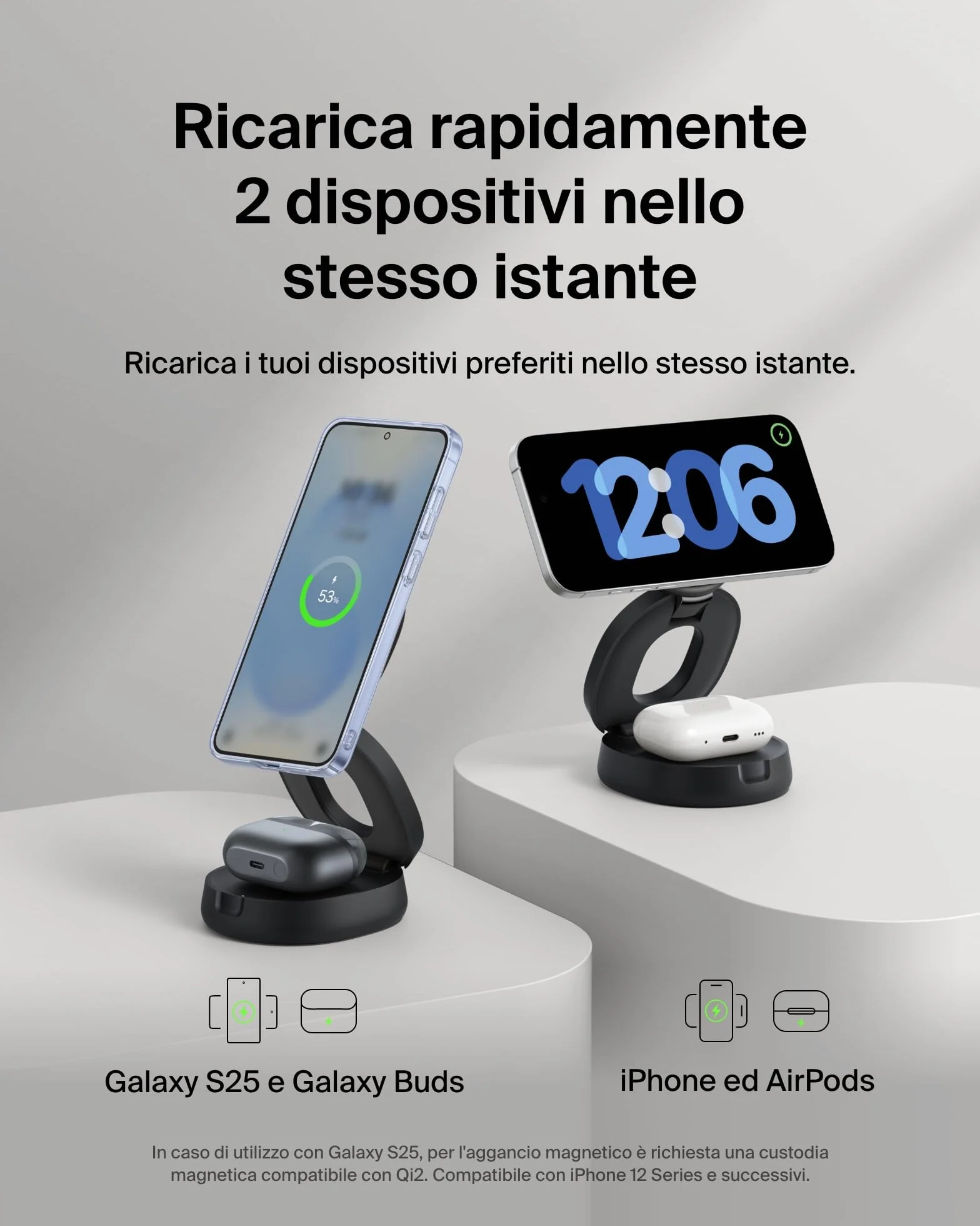 Belkin 2 in 1 Caricatore Wireless, Stazione di Ricarica Wireless 15 W, Caricatore Qi2 con MagSafe per iPhone 16 e AirPods, base piena antiscivolo, alimentatore da 30W - Nero
