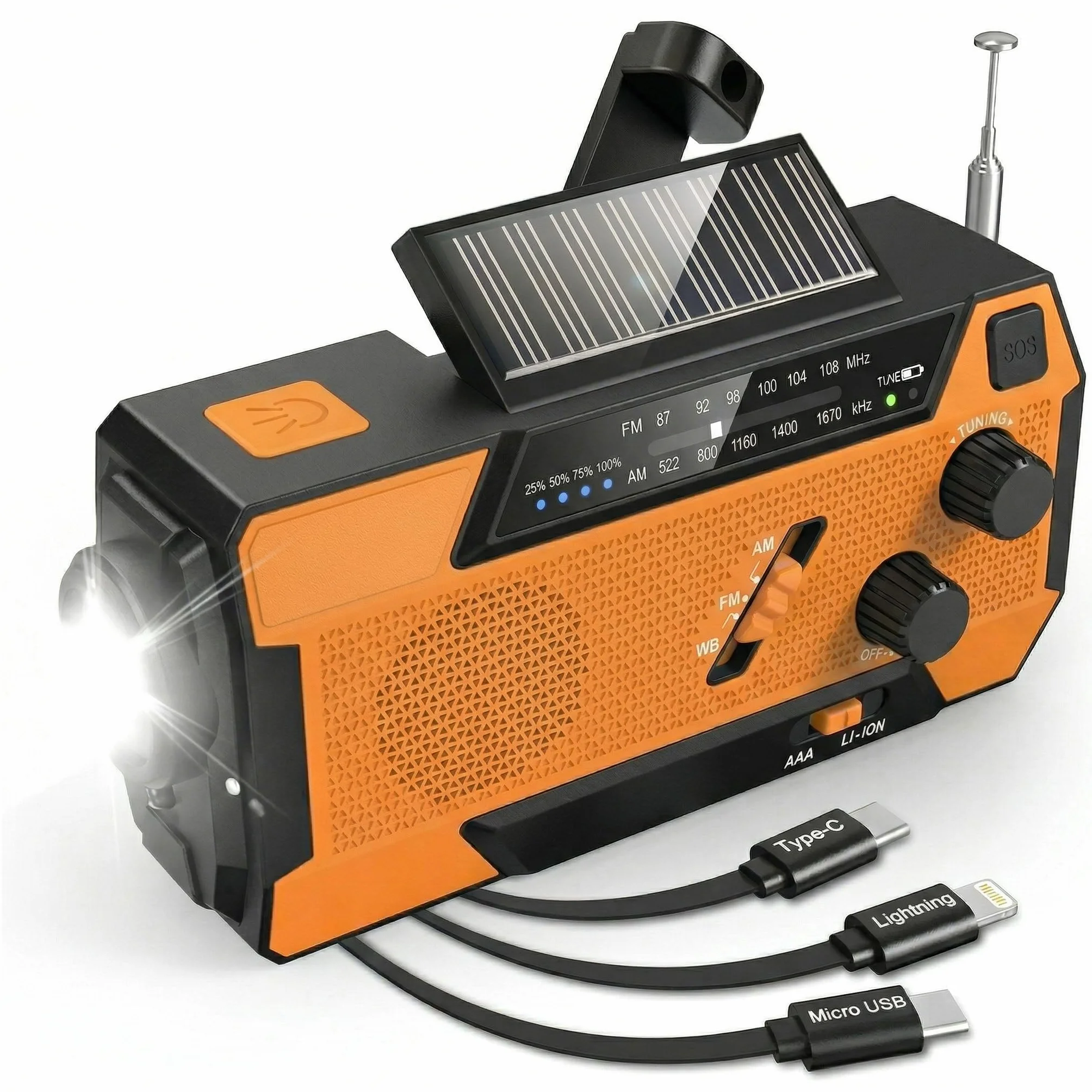 Radio di Emergenza a Manovella con Pannello Solare, Powerbank 2000mAh, Torcia LED SOS