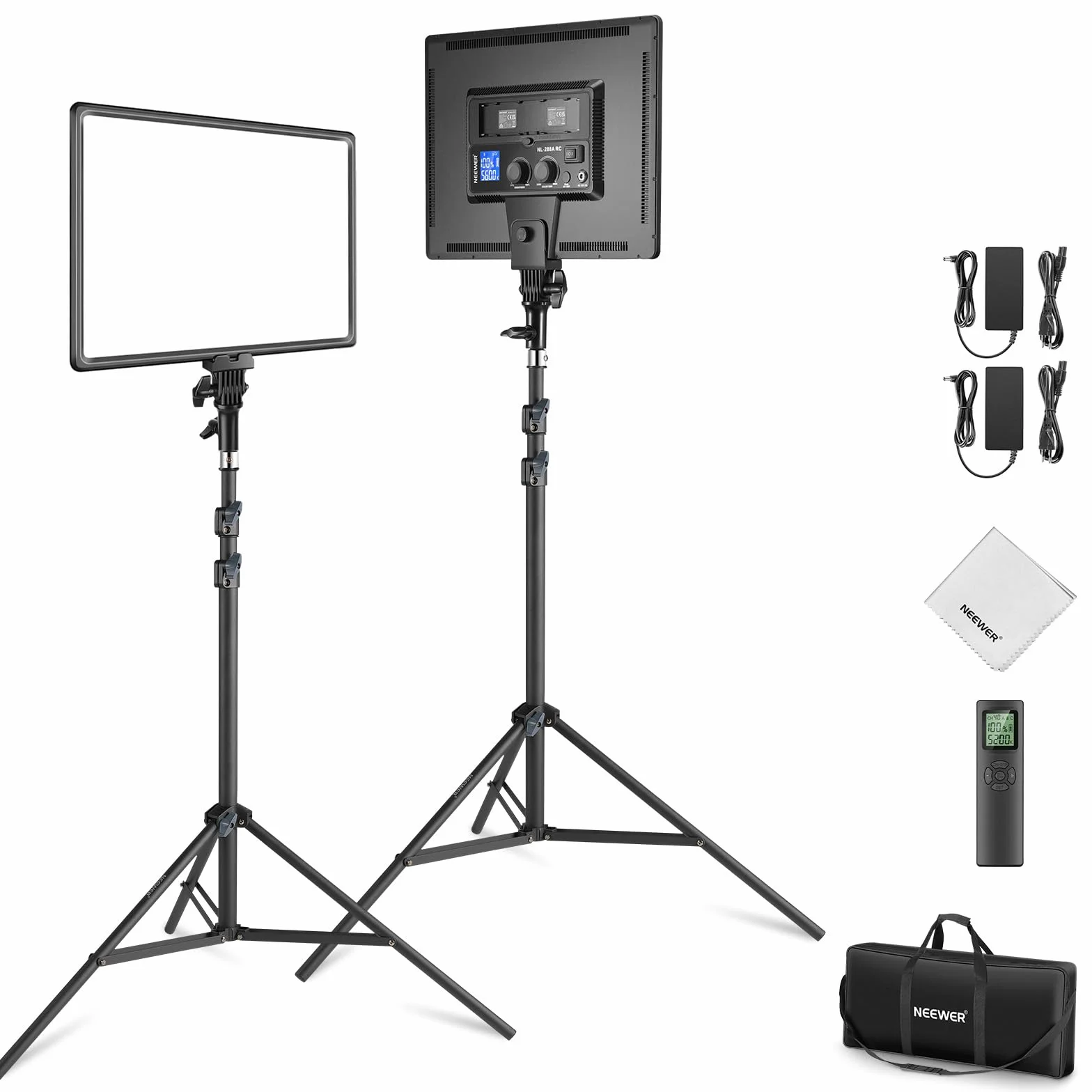NEEWER Kit Illuminazione Fotografia di 18" Pannello Luce Video LED + Stativo Telecomando Panno Pulizia, 2pz Key Light 45W Dimmerabile Bicolore da Studio 3200K-5600K CRI97+ 4800Lx per Streaming Riprese