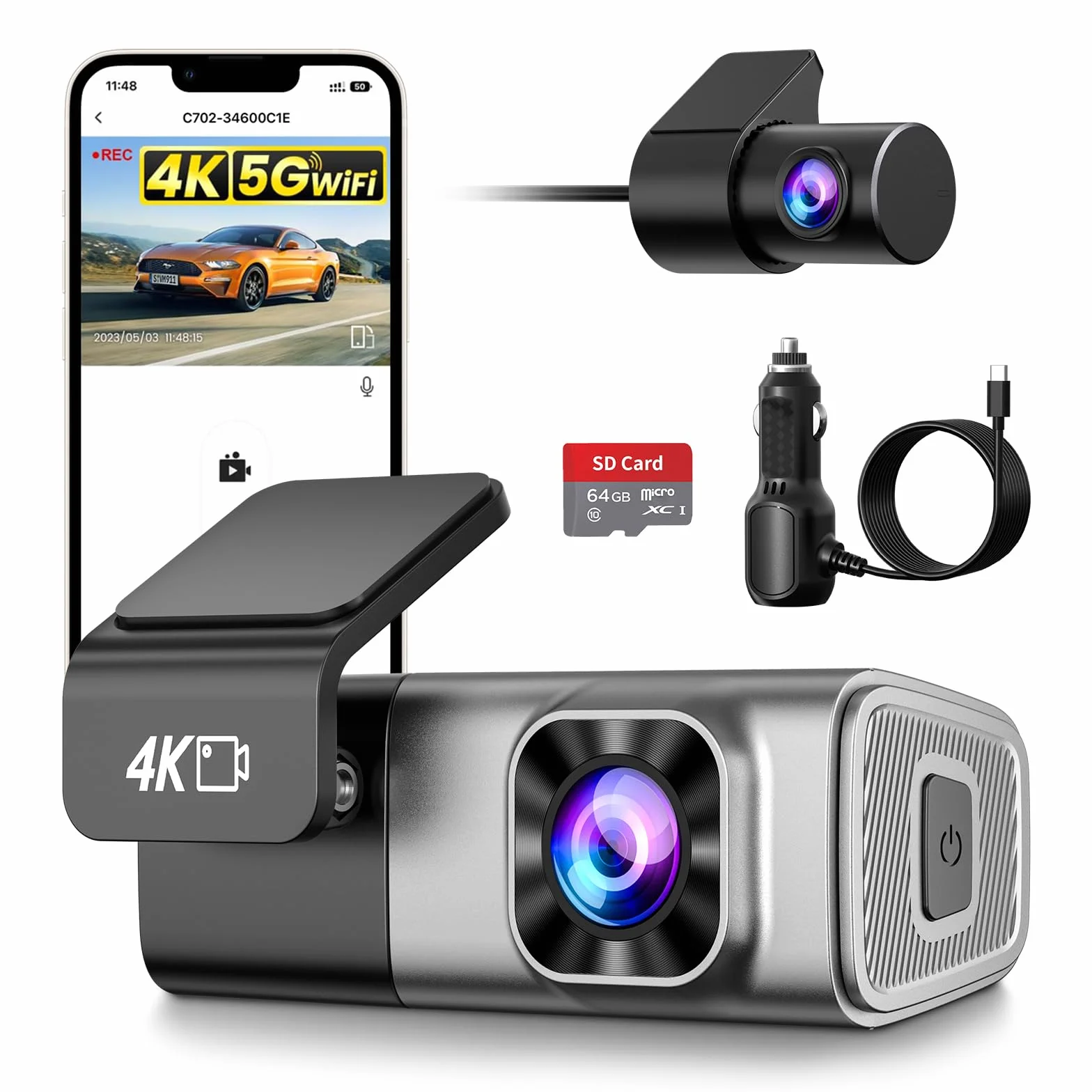 Dash Cam Auto 4K Anteriore e 2K Posteriore, WiFi 5GHz con App, G-Sensor, Registrazione in Loop, Modalità Parcheggio 24H, SD 64G