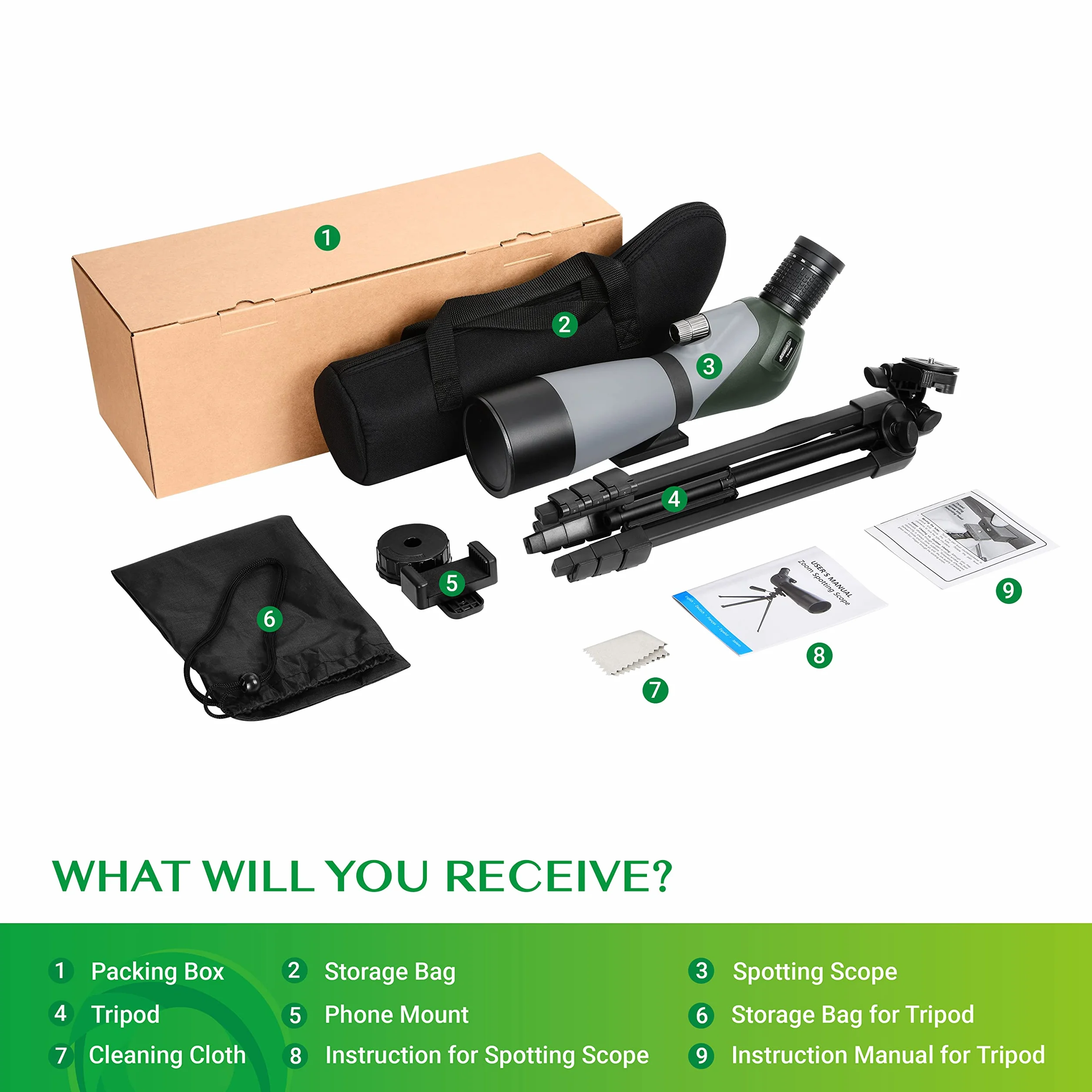Aomekie 20-60x70 Cannocchiale Spotting Scope Zoom con Treppiede Regolabile Leggero e Adattatore per Telefono. Telescopio Terrestre Portatile Ideale per Osservazione Fauna Selvatica e Tiro al Bianco